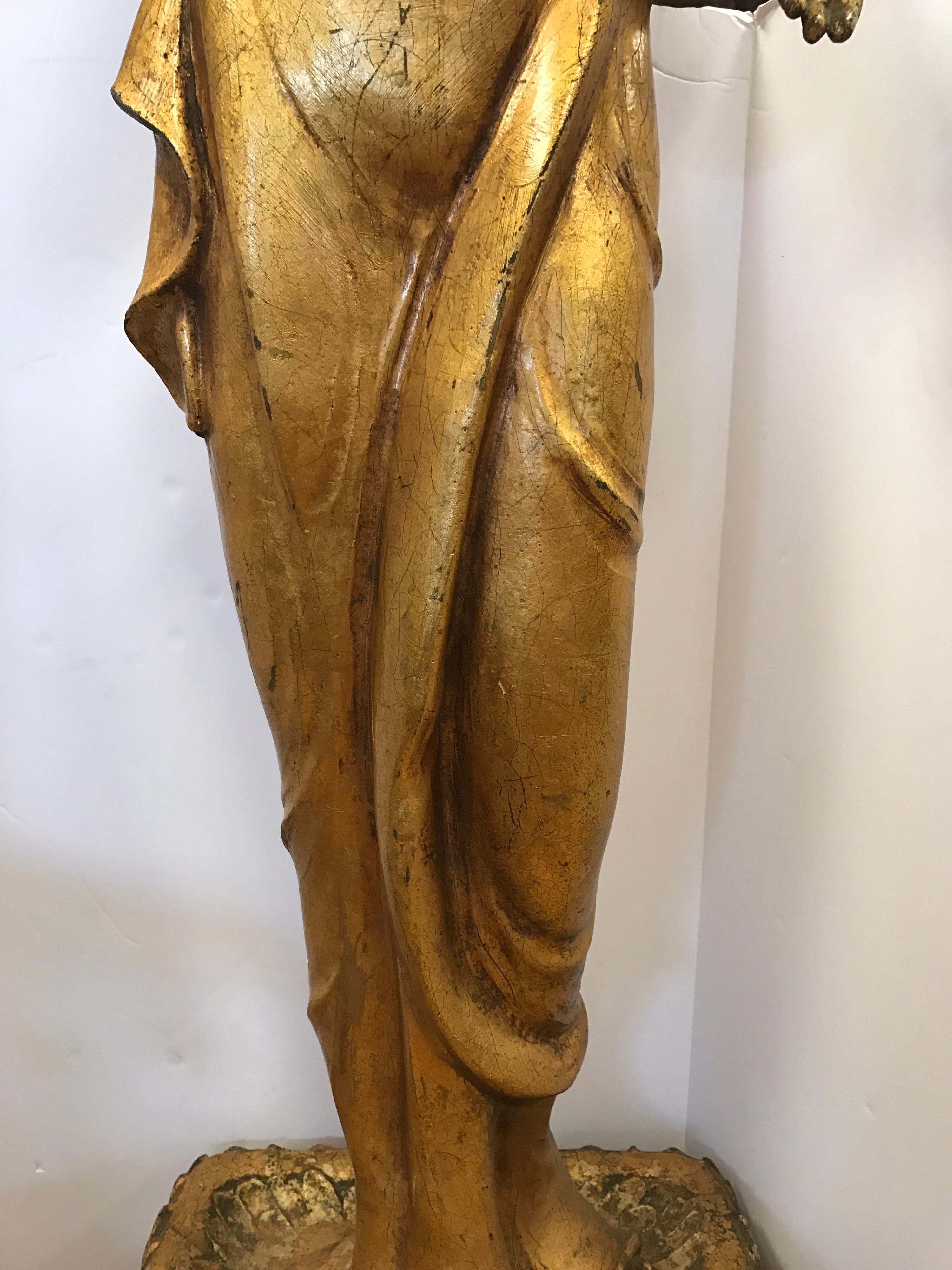 Chinese Export Tall Gold Gilt Polychrome Wood Standing Statue of Buddha
