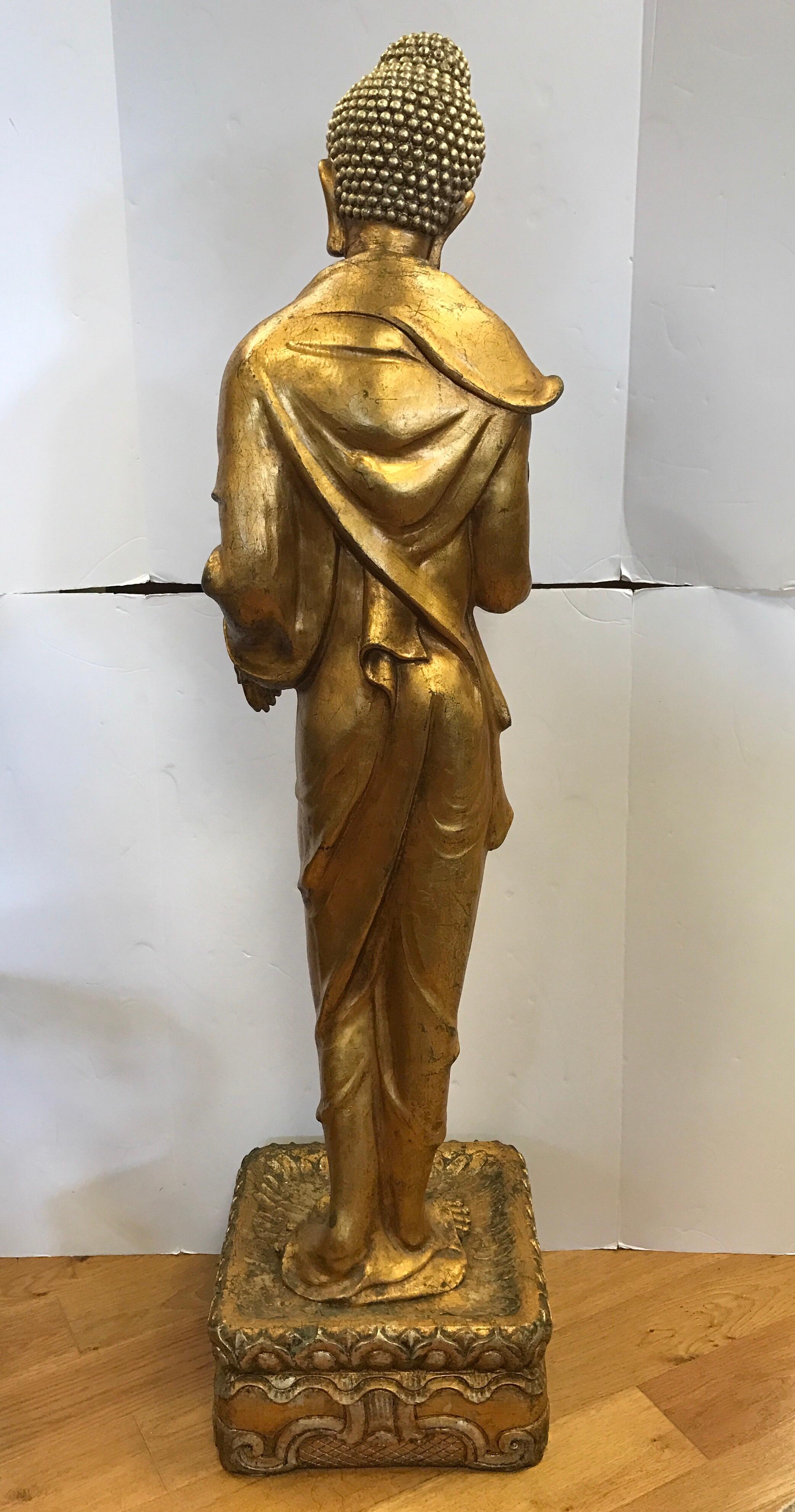 Tall Gold Gilt Polychrome Wood Standing Statue of Buddha In Excellent Condition In West Hartford, CT