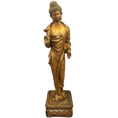 Tall Gold Gilt Polychrome Wood Standing Statue of Buddha