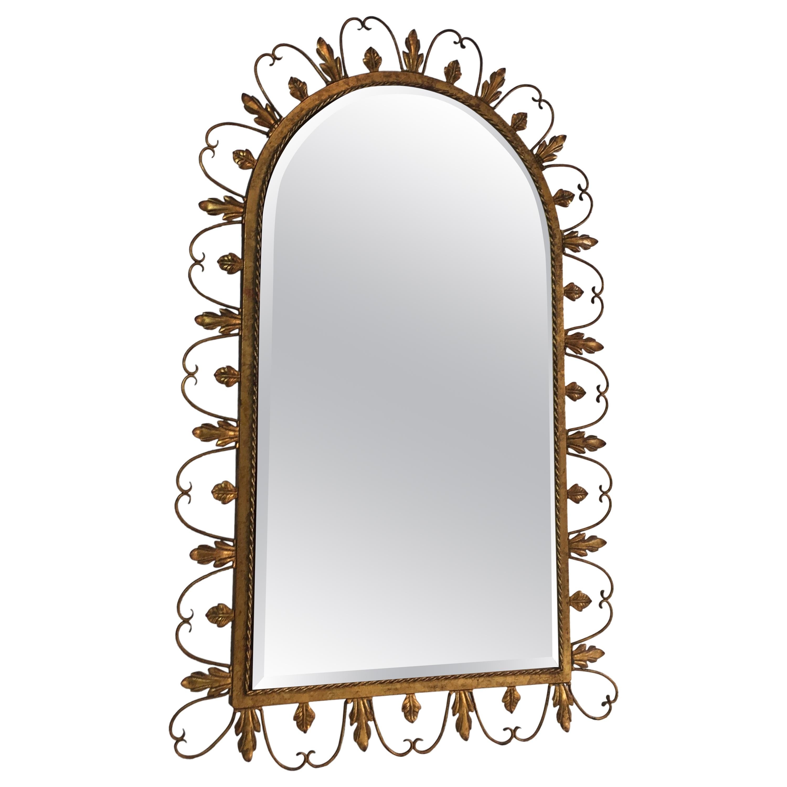 Tall Gold Gilt Wrought Iron Rounded Mirror with Leaves Decor at 1stDibs