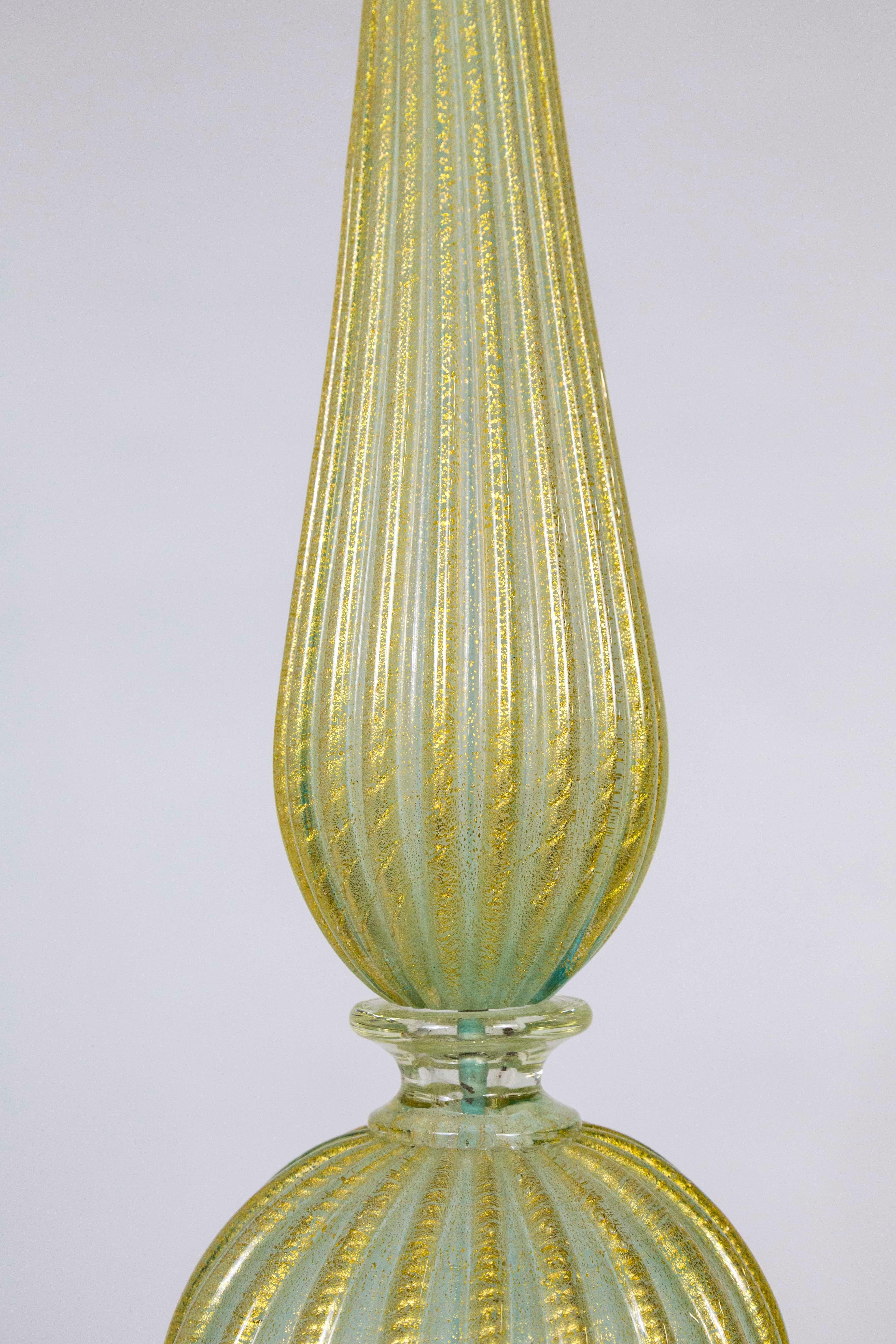 Italian Tall Gold Murano Glass Ribbed Baluster Lamp
