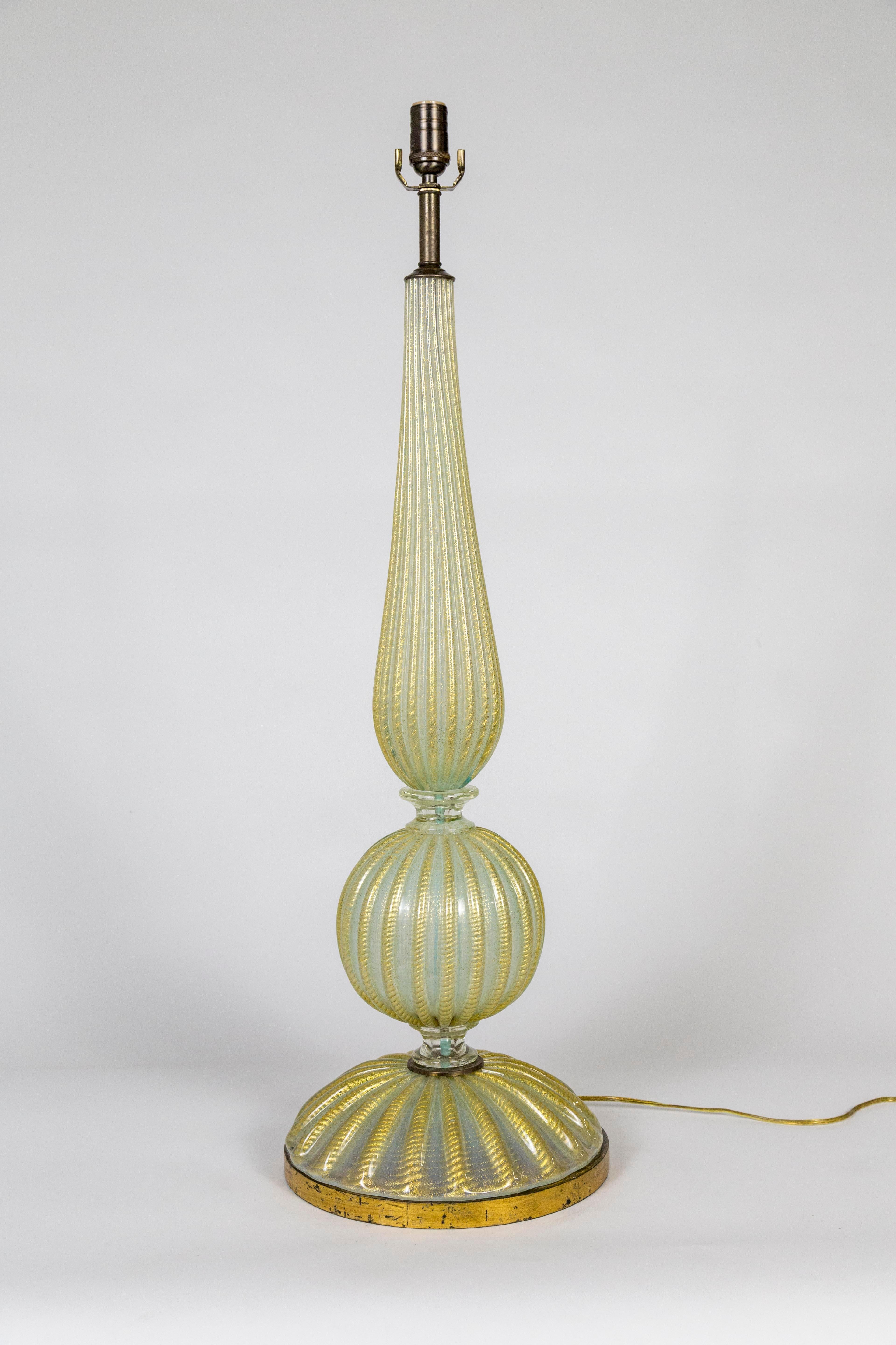 Mid-20th Century Tall Gold Murano Glass Ribbed Baluster Lamp