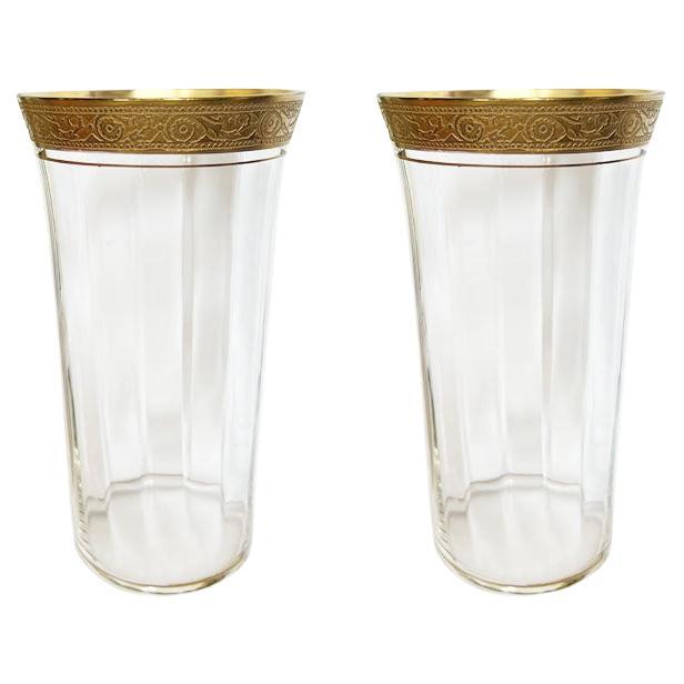 Tall Gold Rimmed Glass Highball Cups by Tiffin - A Pair For Sale