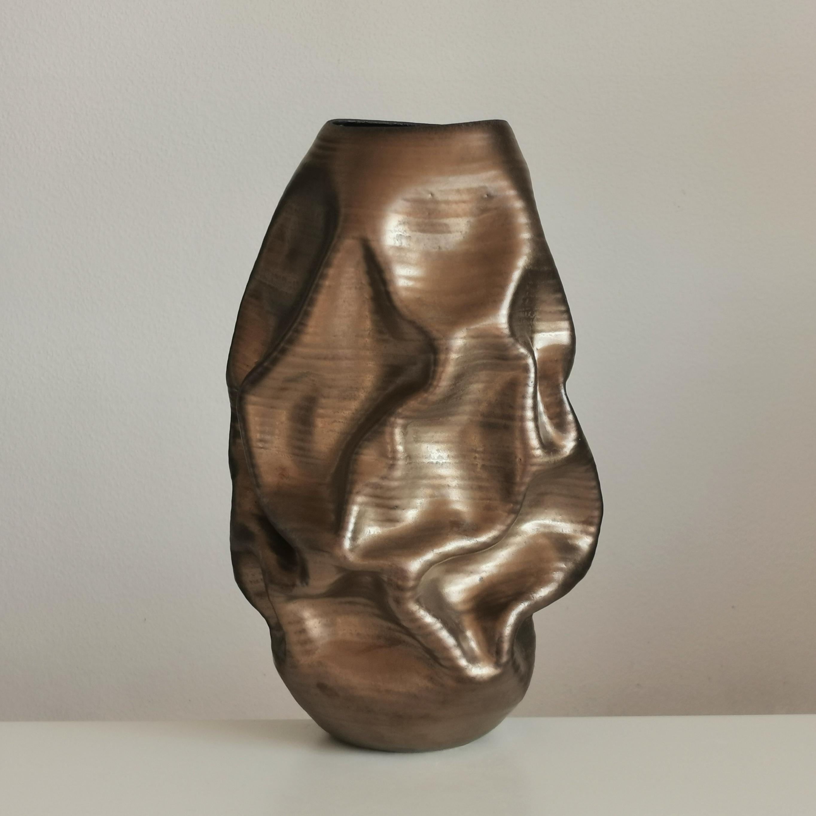 Organic Modern Tall Golden Crumpled Form N.97, Medium Ceramic Sculpture, Objet D'Art