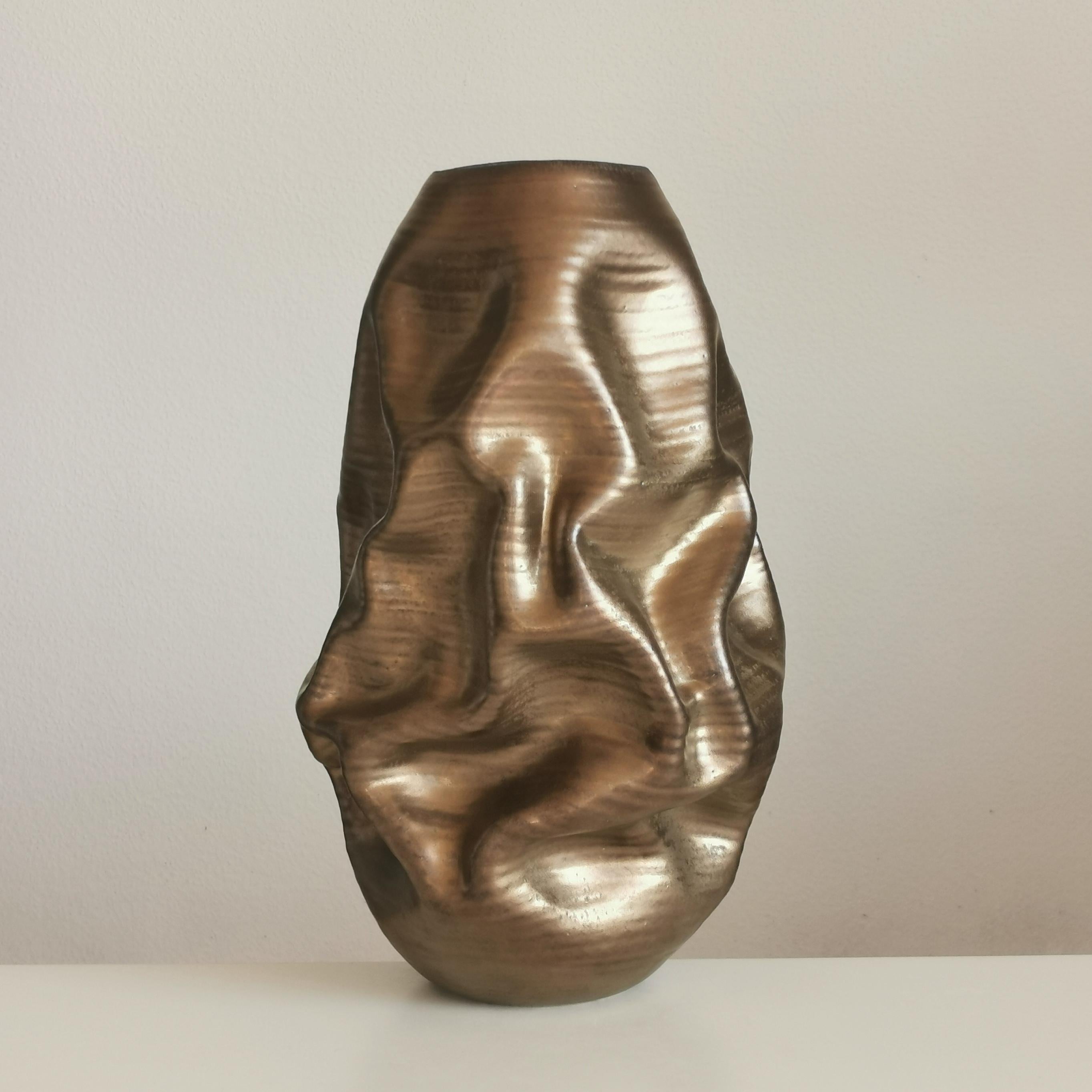 Spanish Tall Golden Crumpled Form N.97, Medium Ceramic Sculpture, Objet D'Art