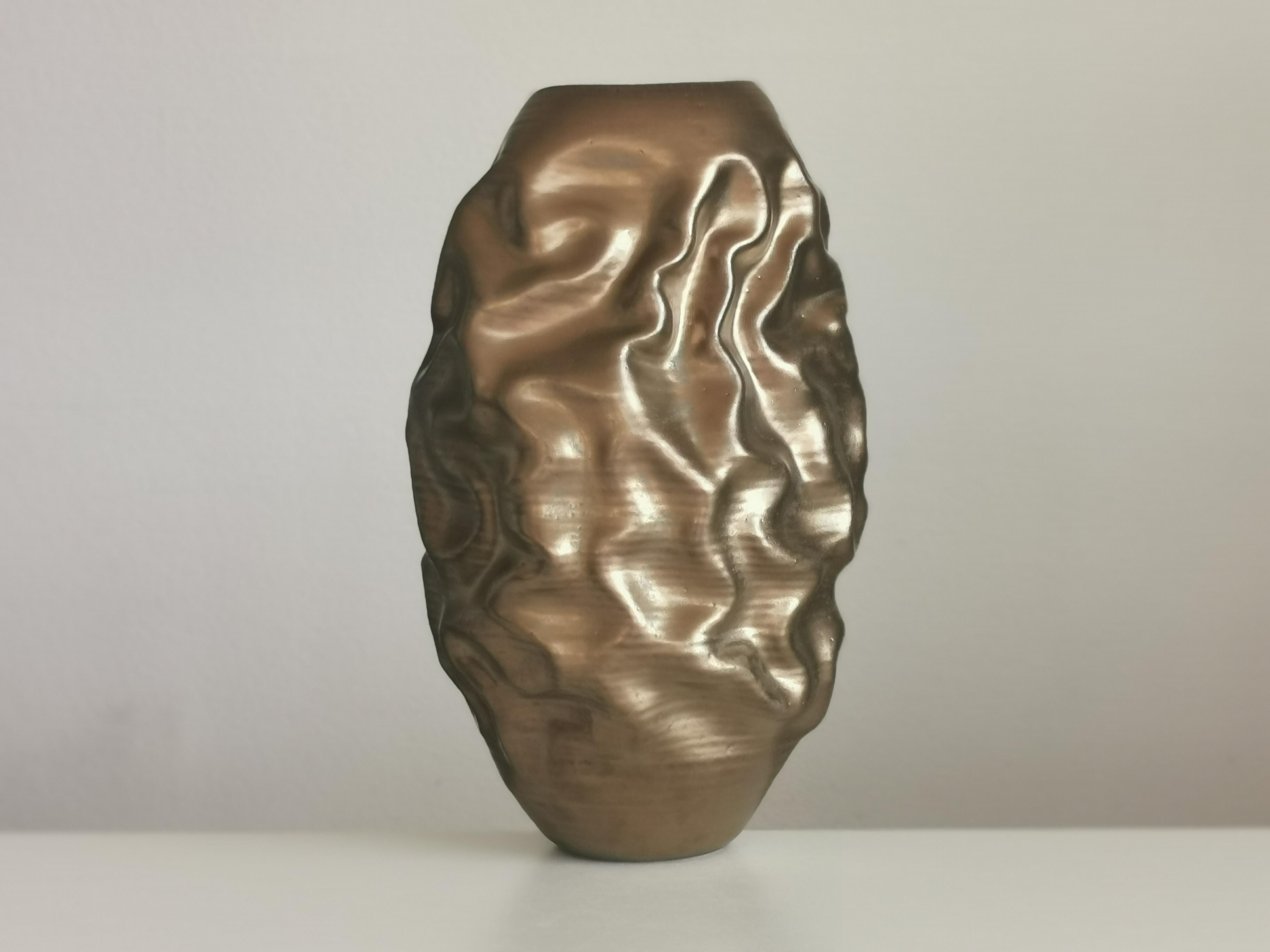 Organic Modern Tall Golden Dehydrated Form N.86, Contemporary Ceramic Sculpture, Objet D'art
