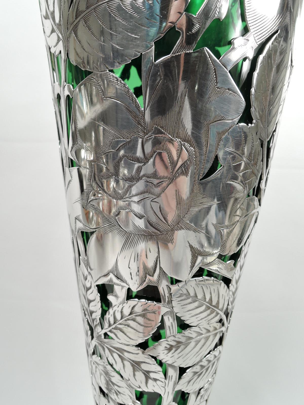 Tall Gorham Art Nouveau Sterling Silver & Green Glass Trumpet Vase In Excellent Condition In New York, NY