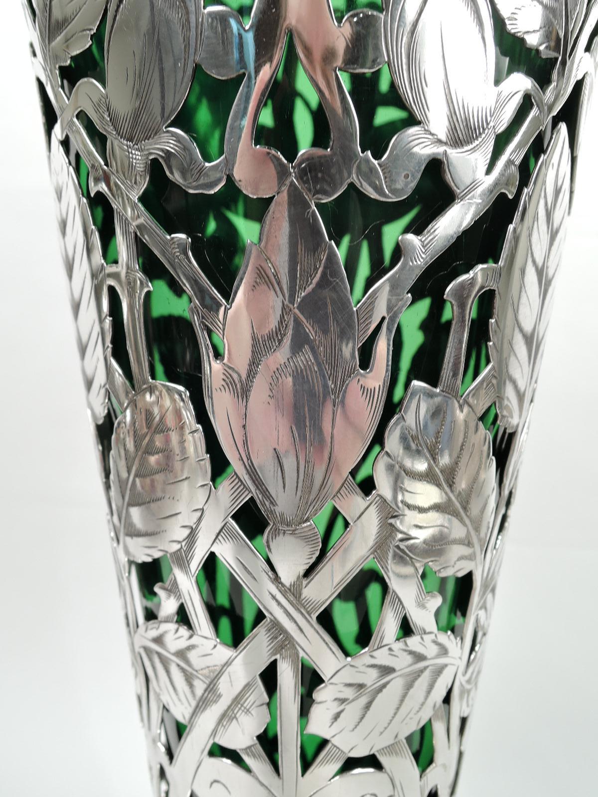 Early 20th Century Tall Gorham Art Nouveau Sterling Silver & Green Glass Trumpet Vase