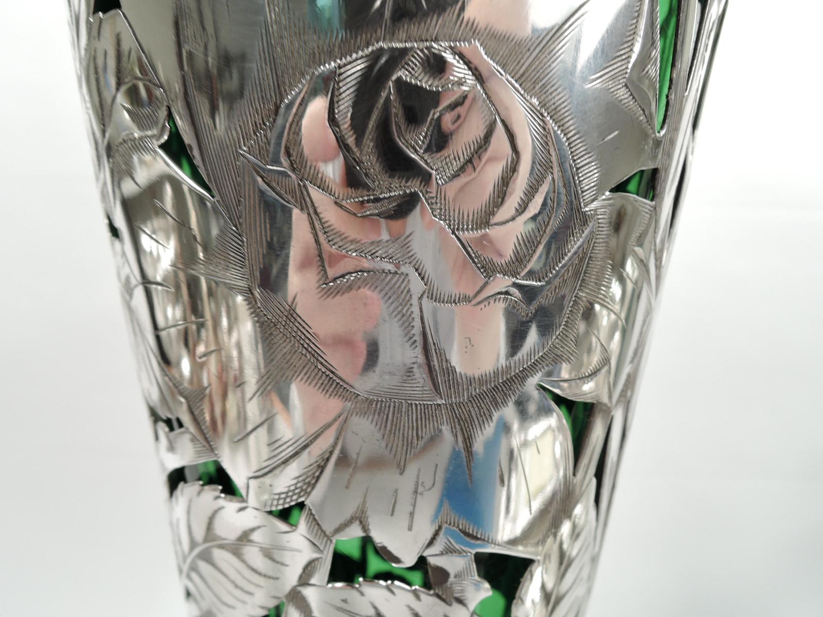 Tall Gorham Art Nouveau Sterling Silver & Green Glass Trumpet Vase 1