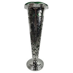 Tall Gorham Art Nouveau Sterling Silver & Green Glass Trumpet Vase