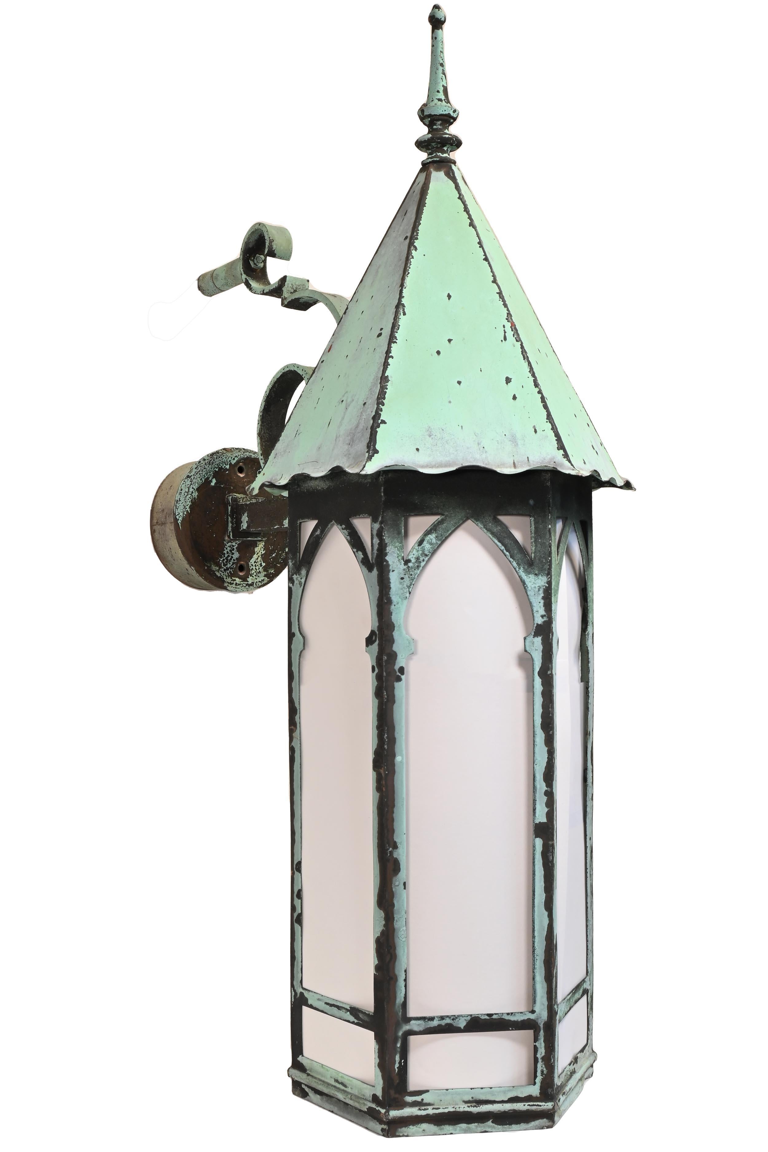 30 inch tall gothic copper steeple top entrance sconce

Copper Verdigris Patina
Sold Individually

AA# 61206

Large Copper exterior sconces perfect entrance lights for a private residence.

Circa: 1920’s
Condition: Age Consistent
Finish: