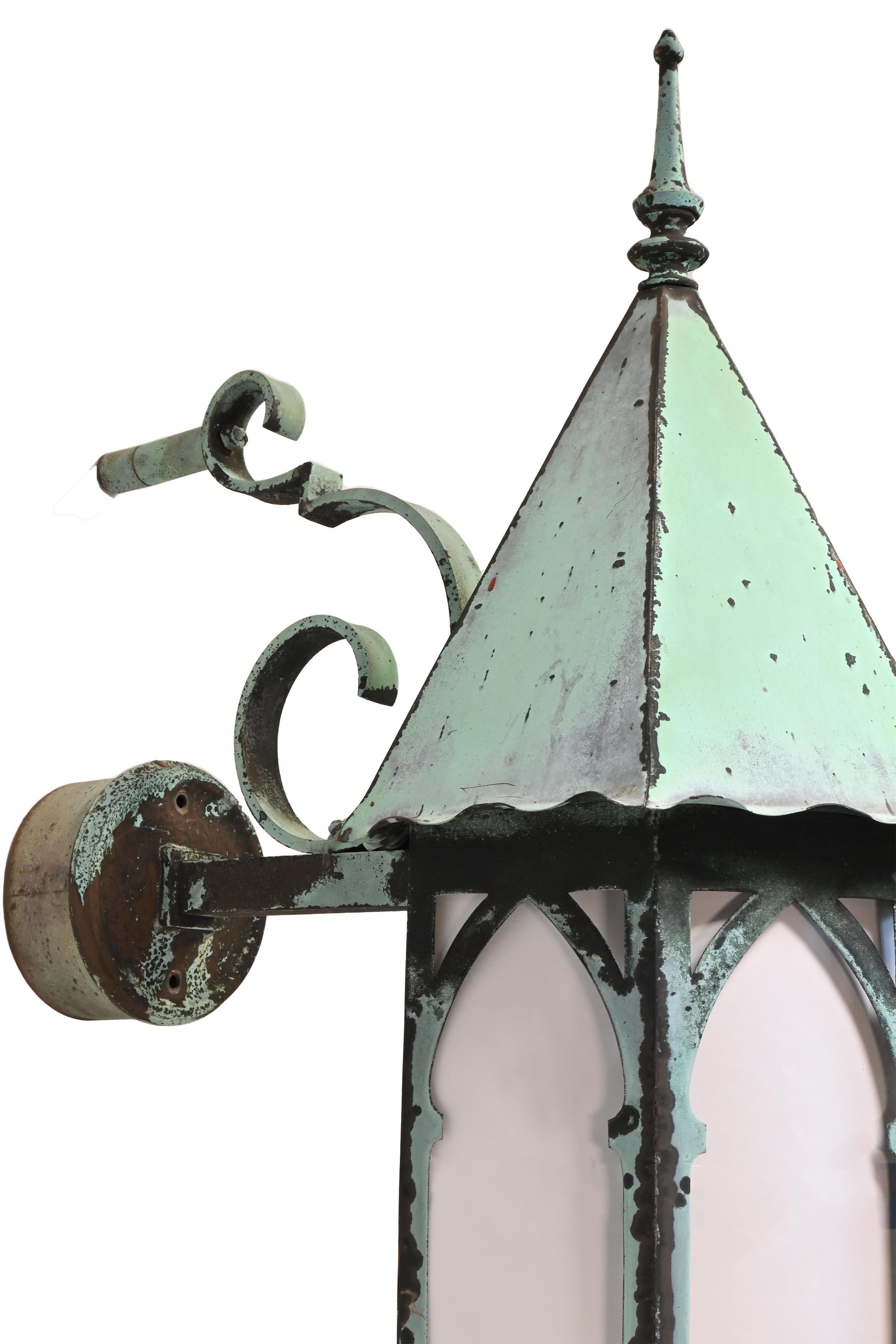 North American Tall Gothic Steeple Top Entrance Sconces Copper Verdigris Patina For Sale