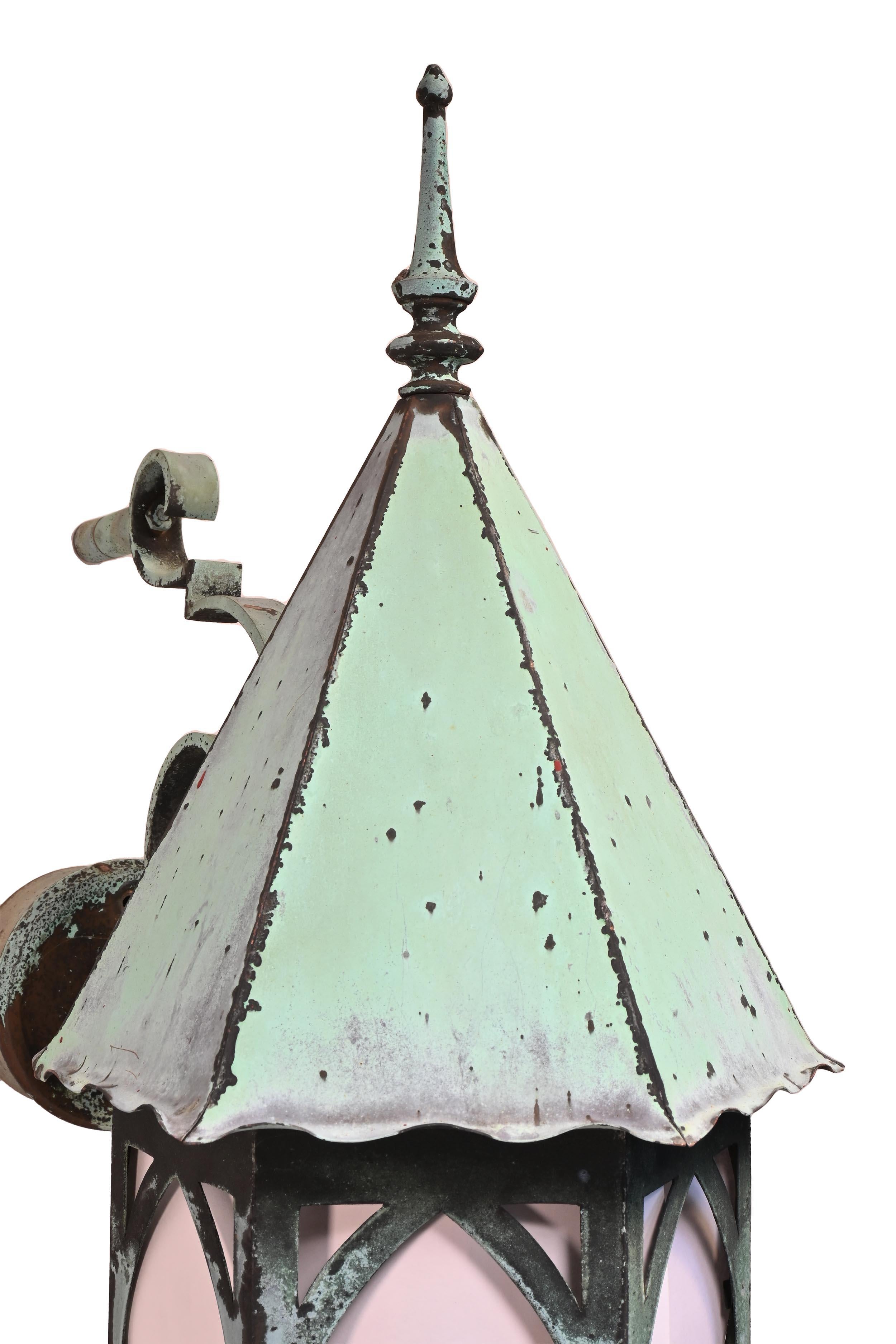 Hand-Crafted Tall Gothic Steeple Top Entrance Sconces Copper Verdigris Patina For Sale