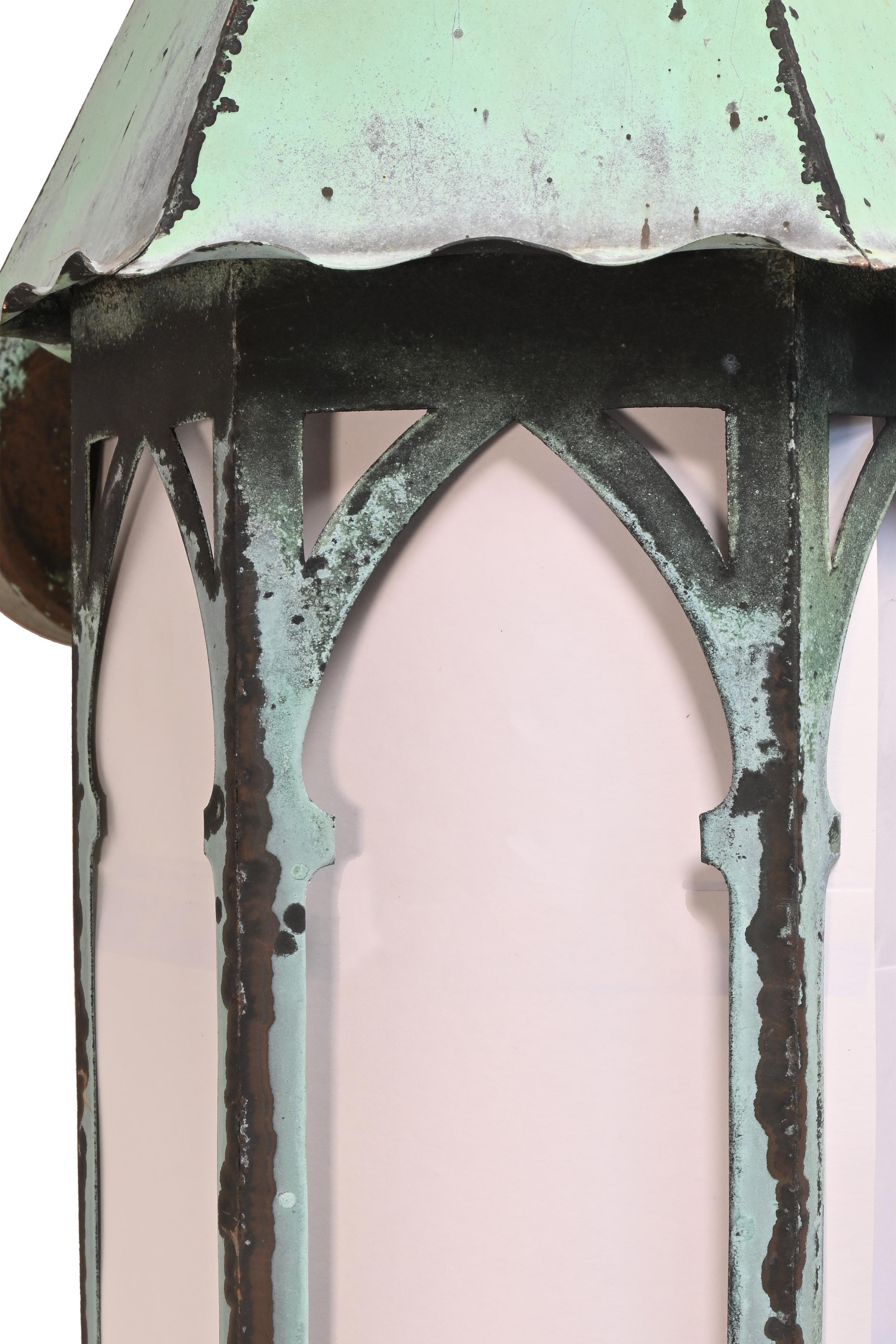 Tall Gothic Steeple Top Entrance Sconces Copper Verdigris Patina In Good Condition For Sale In Minneapolis, MN