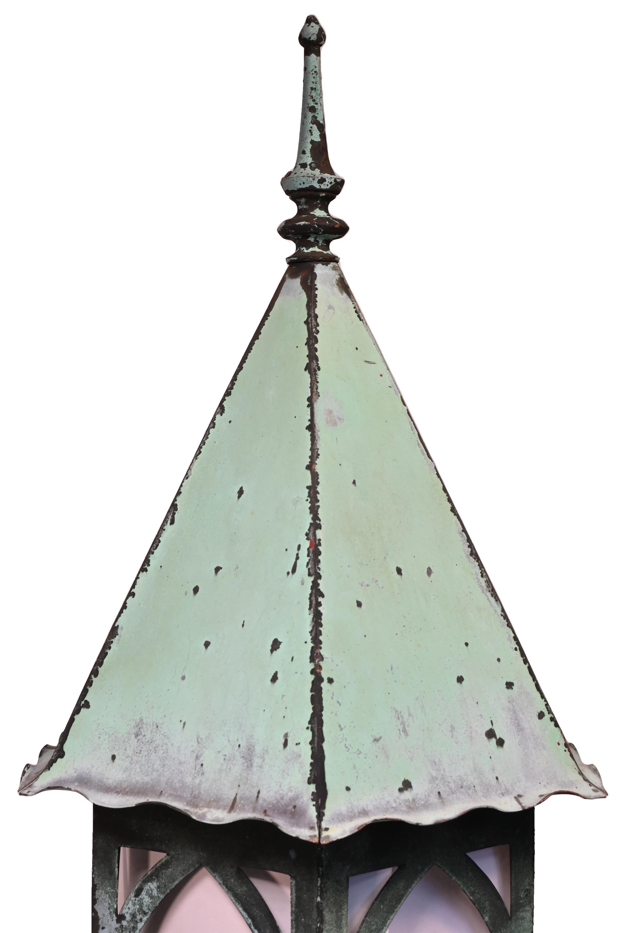 Early 20th Century Tall Gothic Steeple Top Entrance Sconces Copper Verdigris Patina For Sale