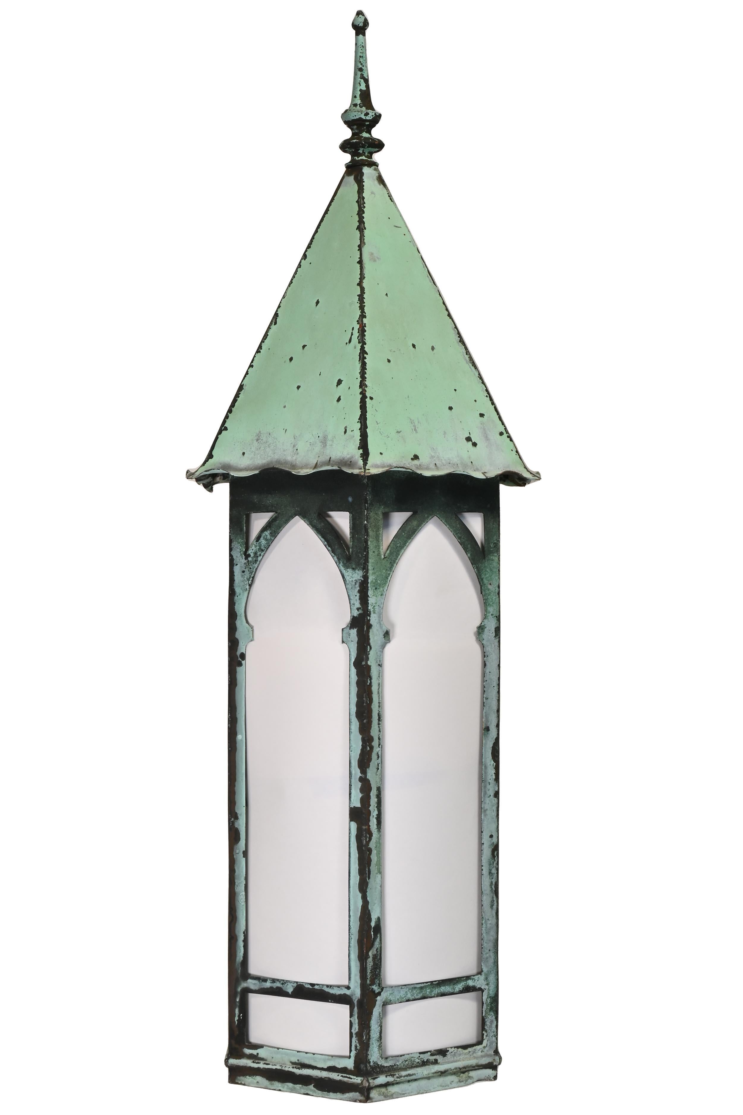 Brass Tall Gothic Steeple Top Entrance Sconces Copper Verdigris Patina For Sale