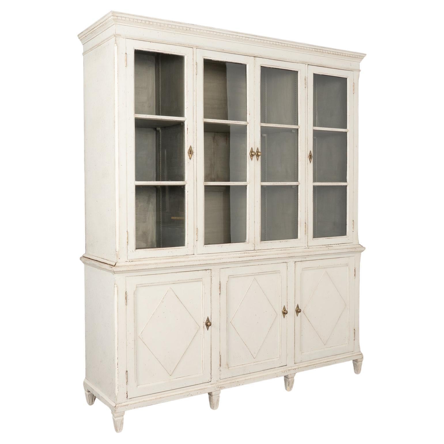 Tall Gray Painted Gustavian Bookcase Display Cabinet, Sweden circa 1960 For Sale