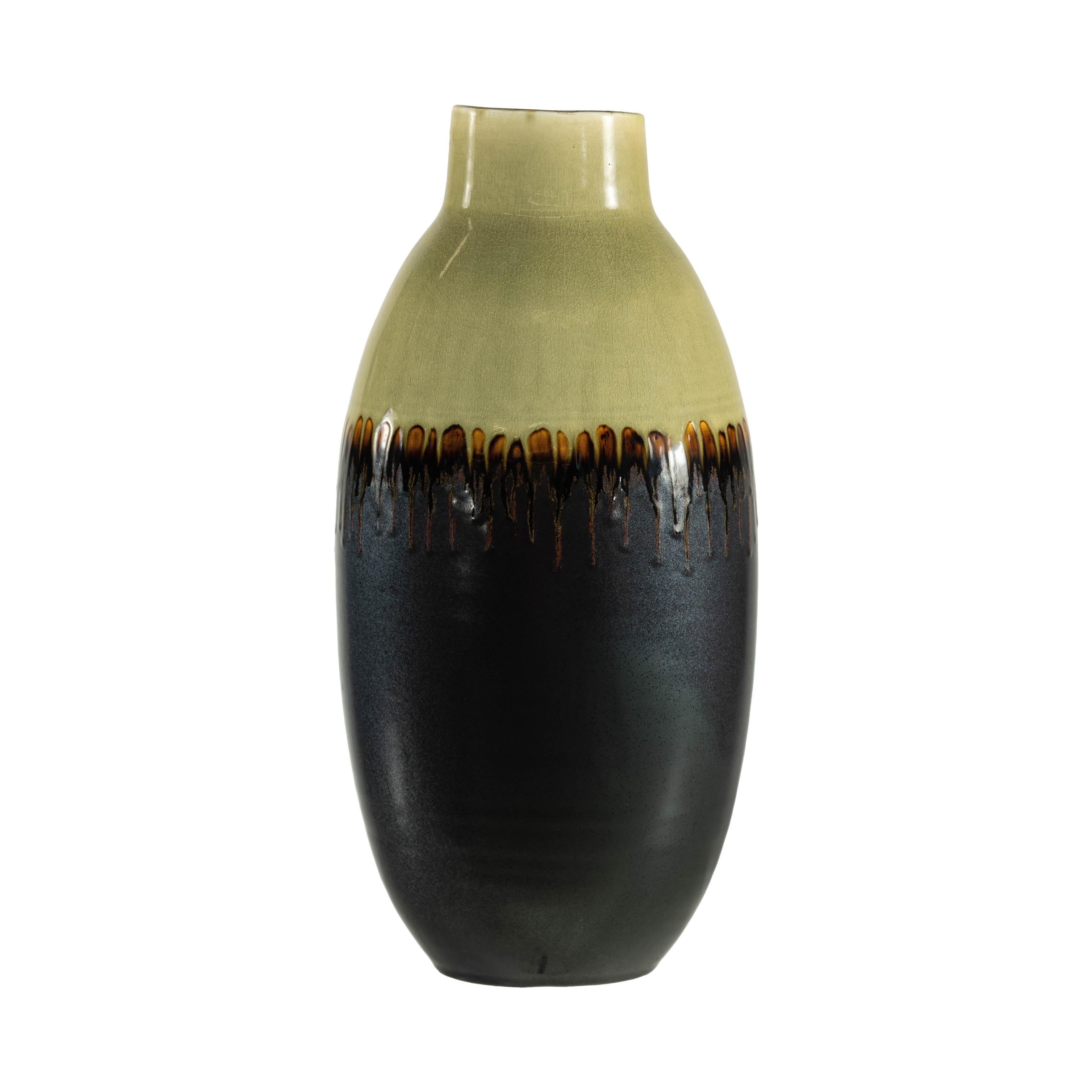 Vaso alto in ceramica smaltata verde e marrone scuro con design a goccia in vendita 13