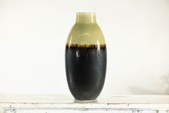 Tall Green and Dark Brown Glazed Ceramic Vase with Drip Design