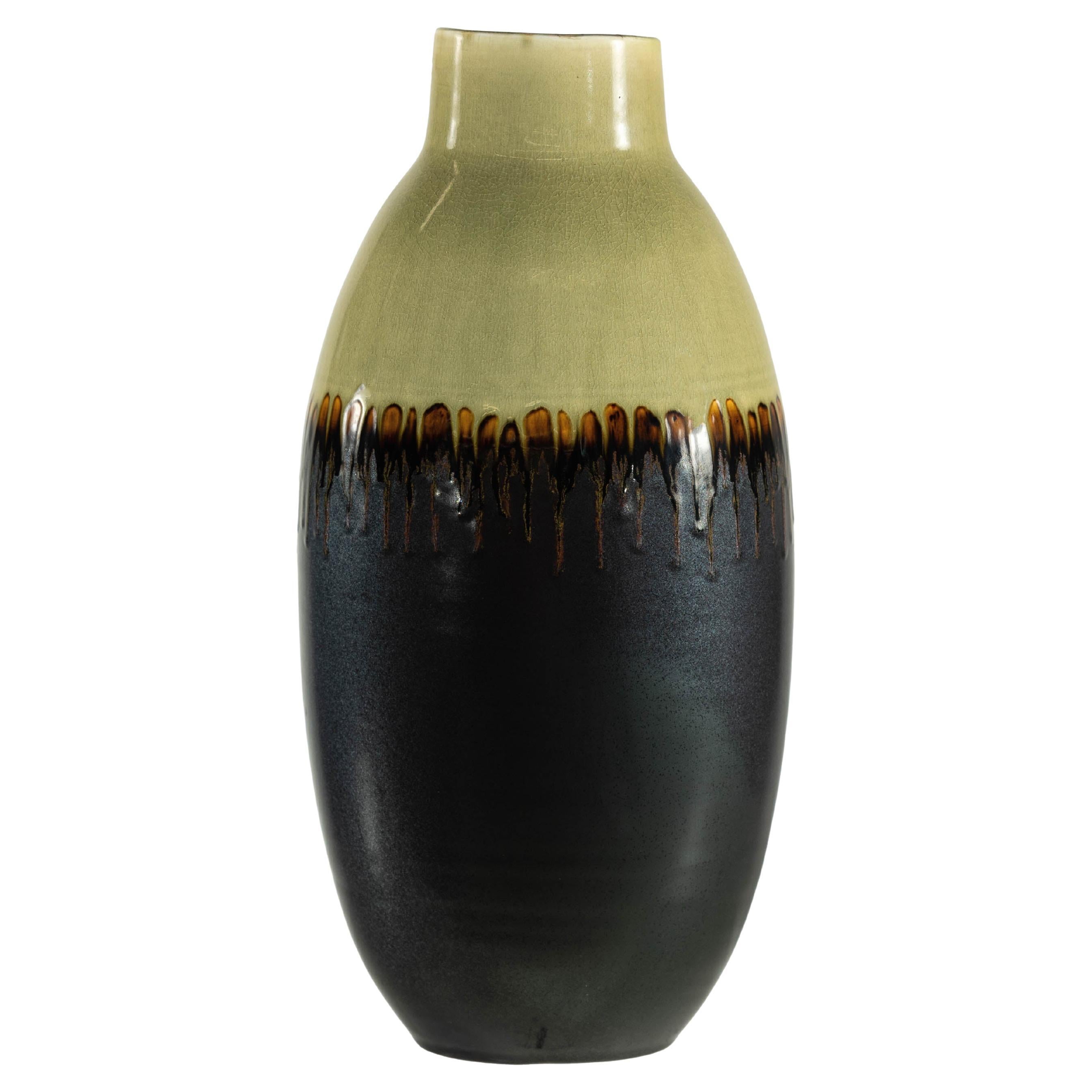 Tall Green and Dark Brown Glazed Ceramic Vase with Drip Design