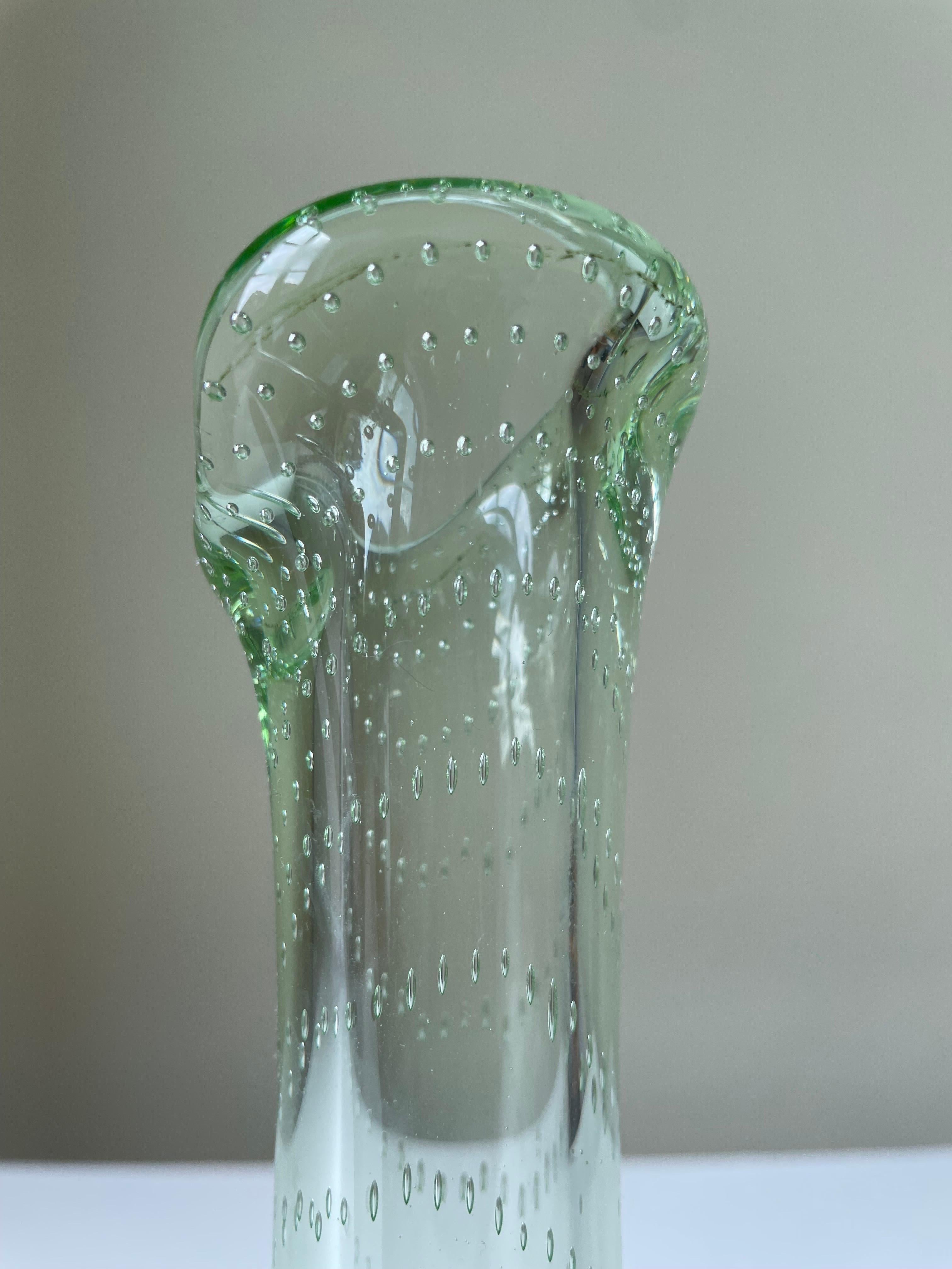 Swedish Tall Green Bubble Art Glass Vase, Scandinavia, 1960s For Sale