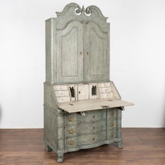 Tall Green Painted Oak Secretary Bureau from Sweden, Circa 1800-20