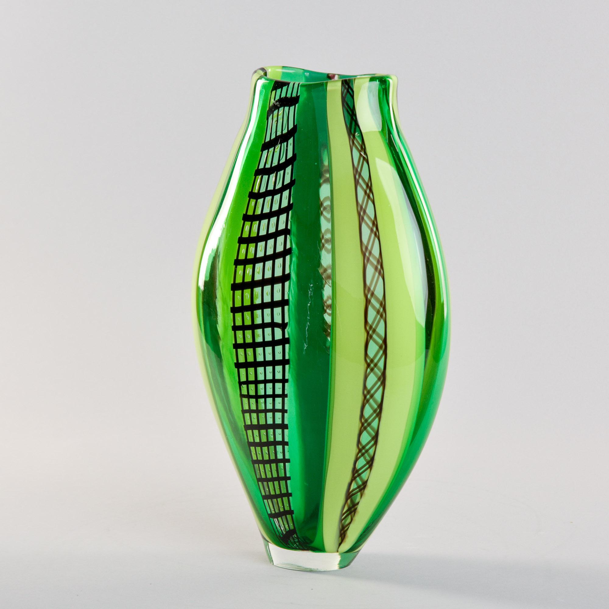 Mid-Century Modern Tall Green Signed Fabiano Zanchi Murano Glass Vase For Sale