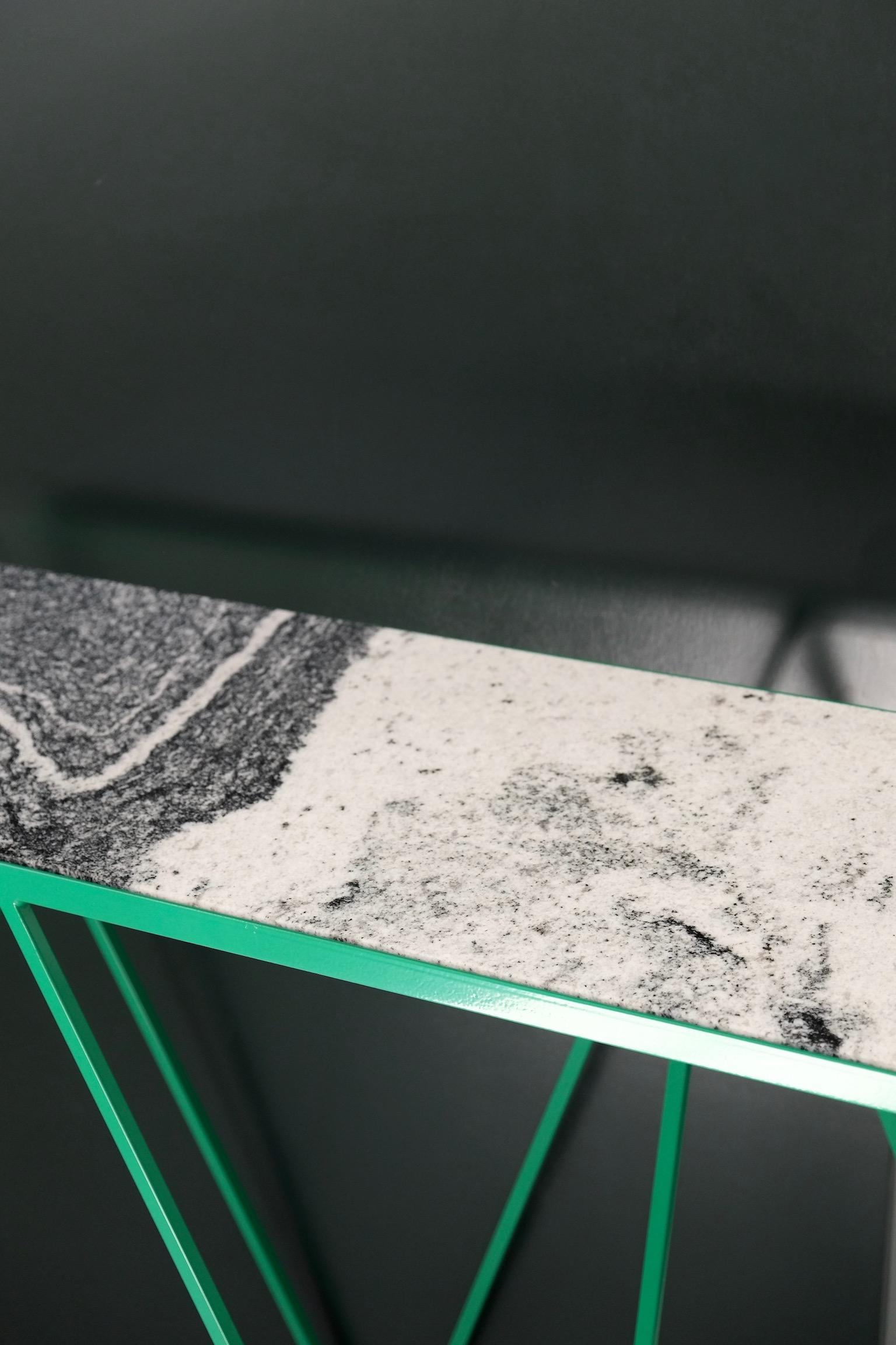 Tall Green Steel Console Table with Granite Table Top / Customizable For Sale 7