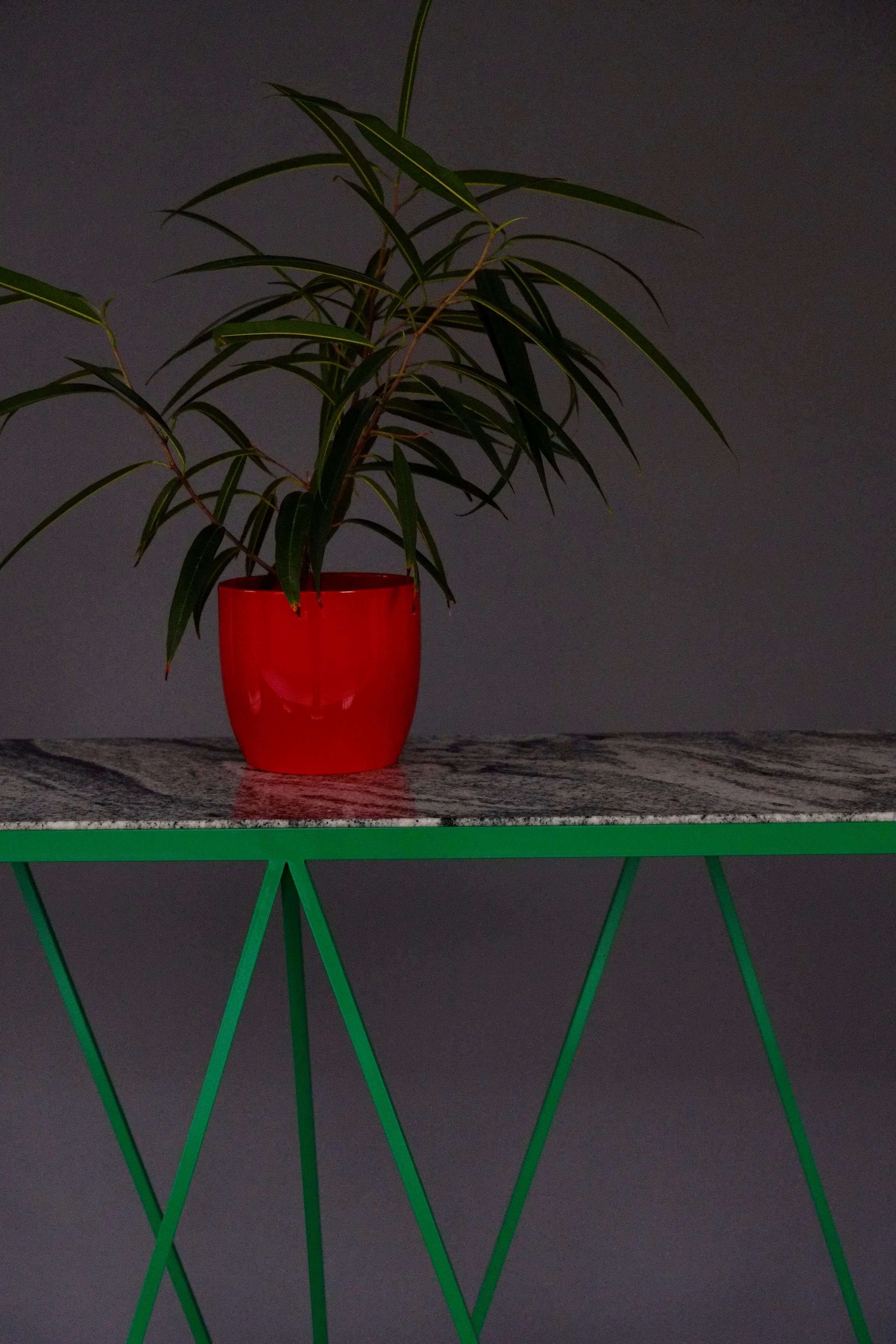 British Tall Green Steel Console Table with Granite Table Top / Customizable For Sale