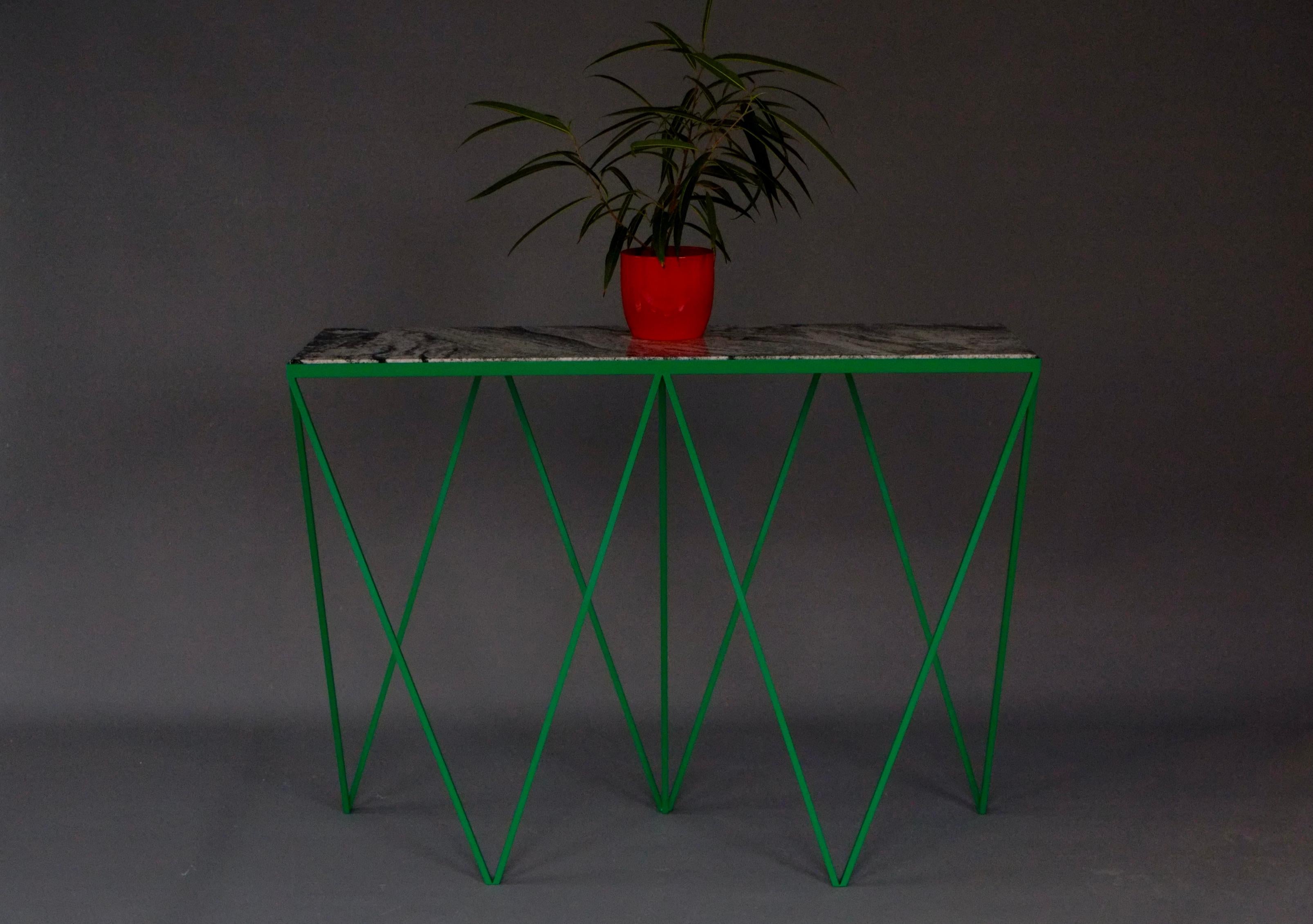 Welded Tall Green Steel Console Table with Granite Table Top / Customizable For Sale