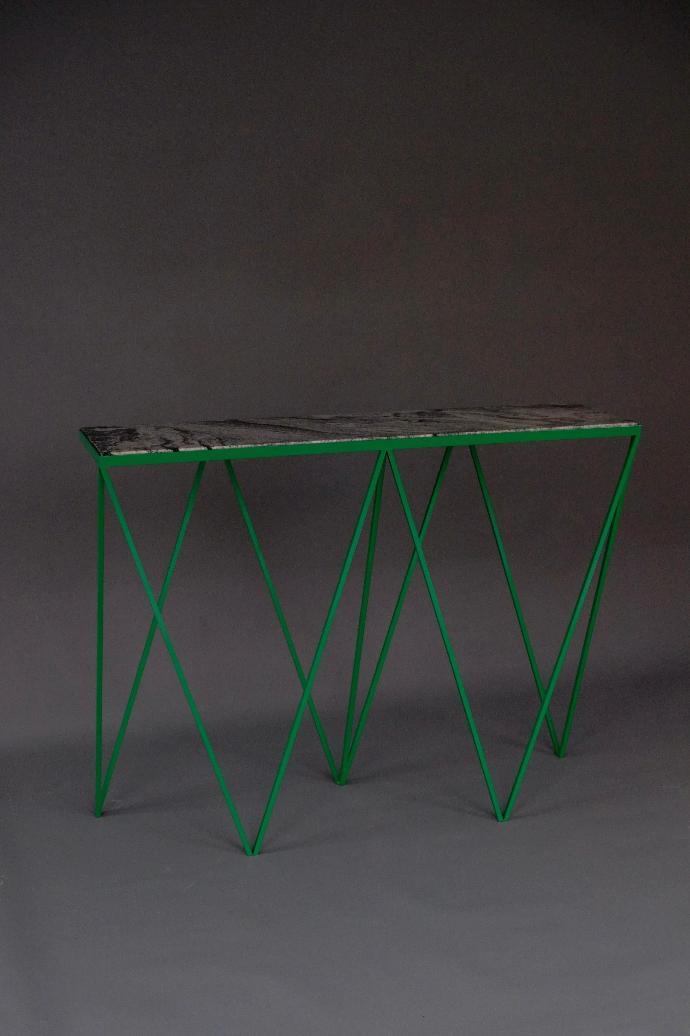 Contemporary Tall Green Steel Console Table with Granite Table Top / Customizable For Sale