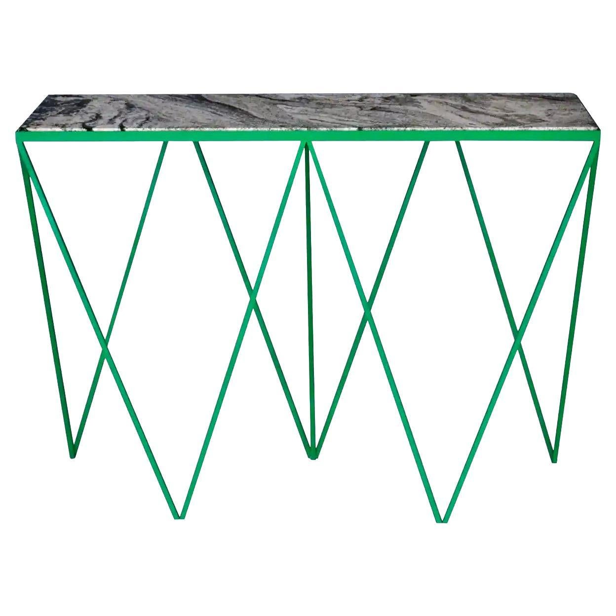 Tall Green Steel Console Table with Granite Table Top / Customizable For Sale