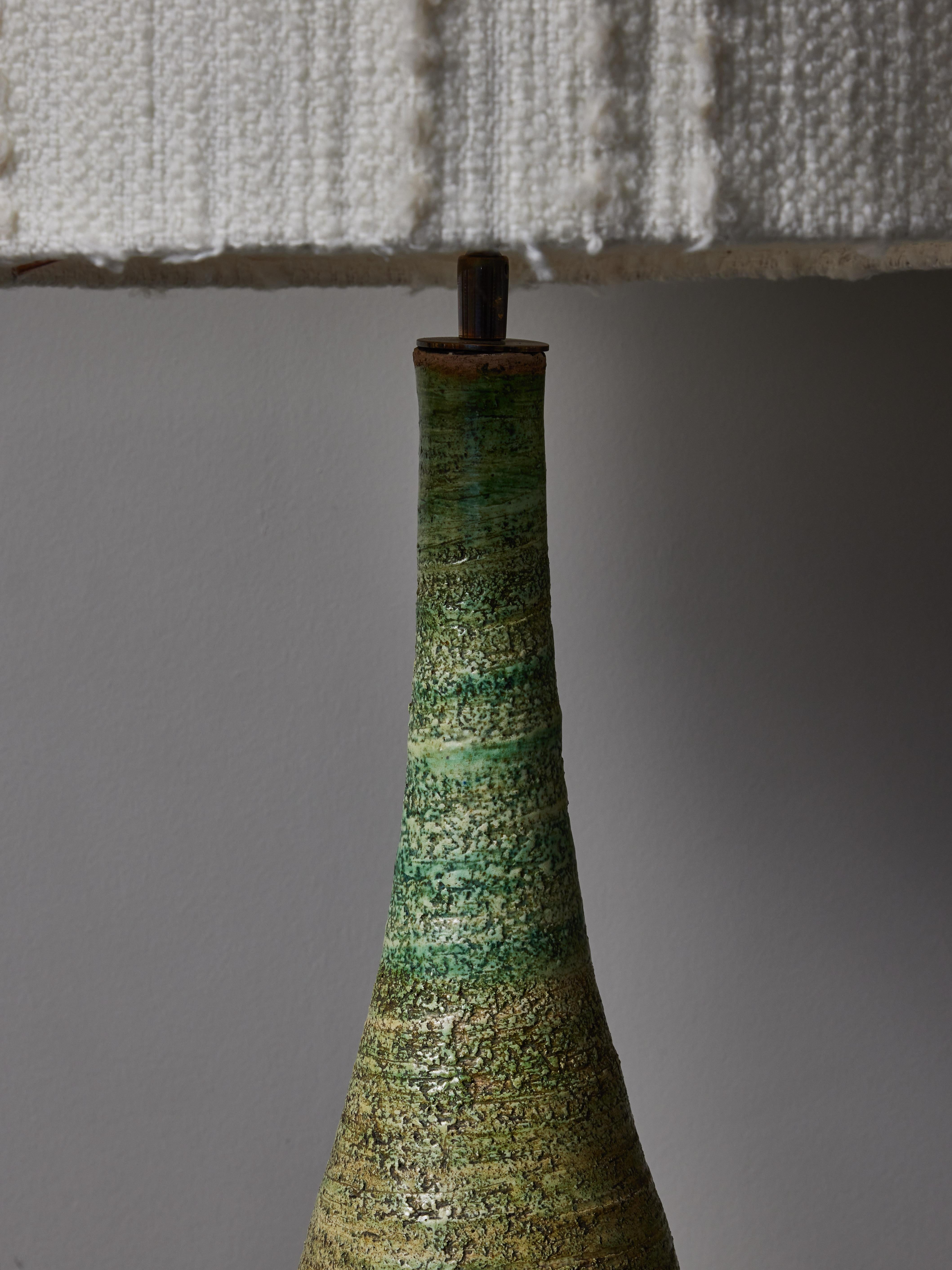Tall Ceramic table lamps with a green overall glaze and distinctive colourful dots all around.

Raphaël Giarrusso (1925-1986)

Canadian painter, sculptor and ceramist who established himself in France since 1948 until his death in 1986. Best known