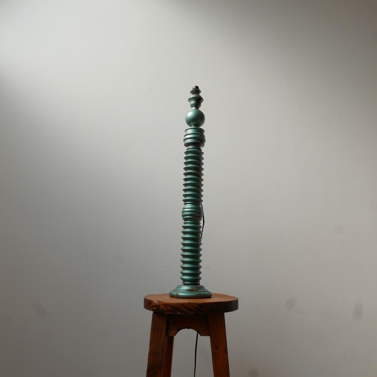 Tall Green Turned Wooden Mid-Century French Table Lamp 4