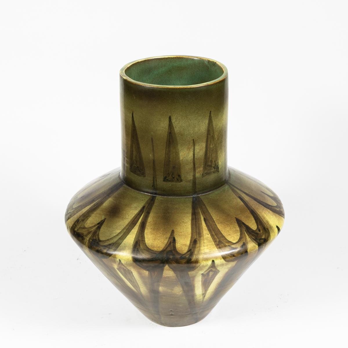 French Tall Green Vase with Abstract Design from France, circa 1940