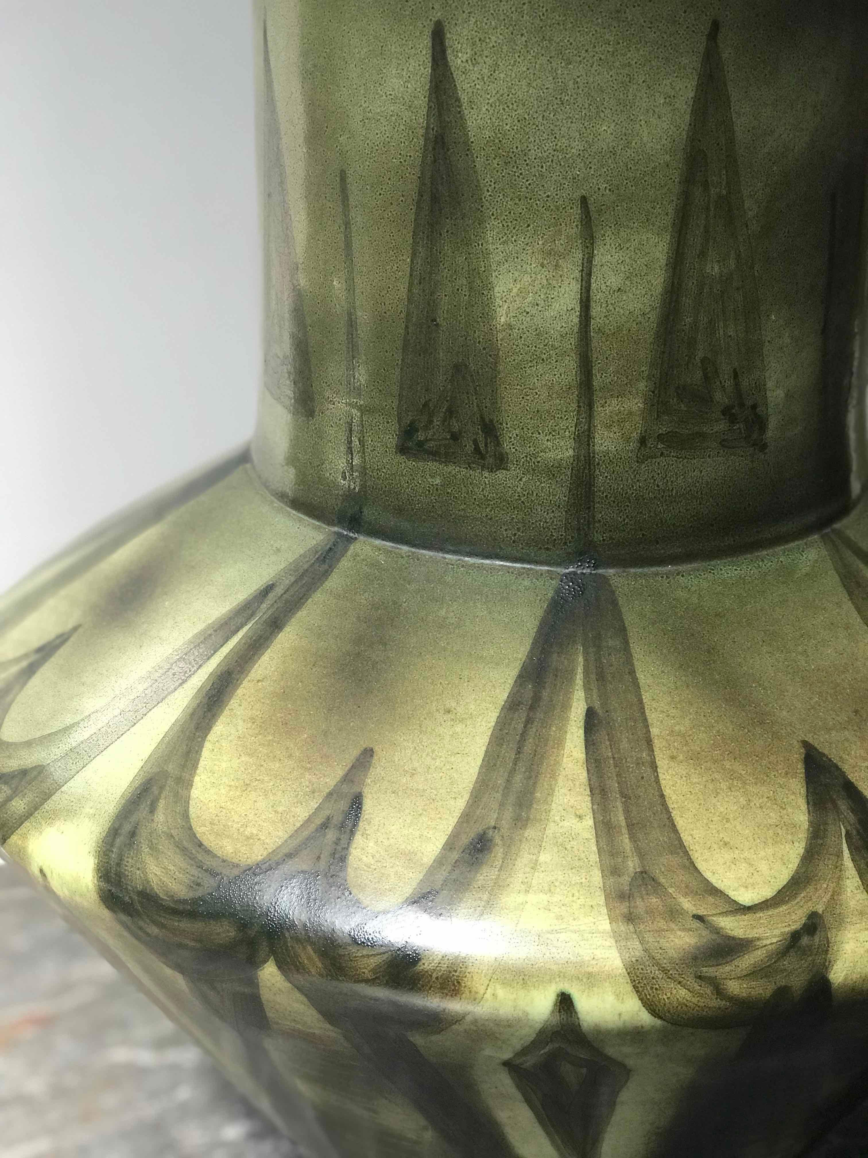 French Tall Green Vase with Abstract Design from France Circa 1940