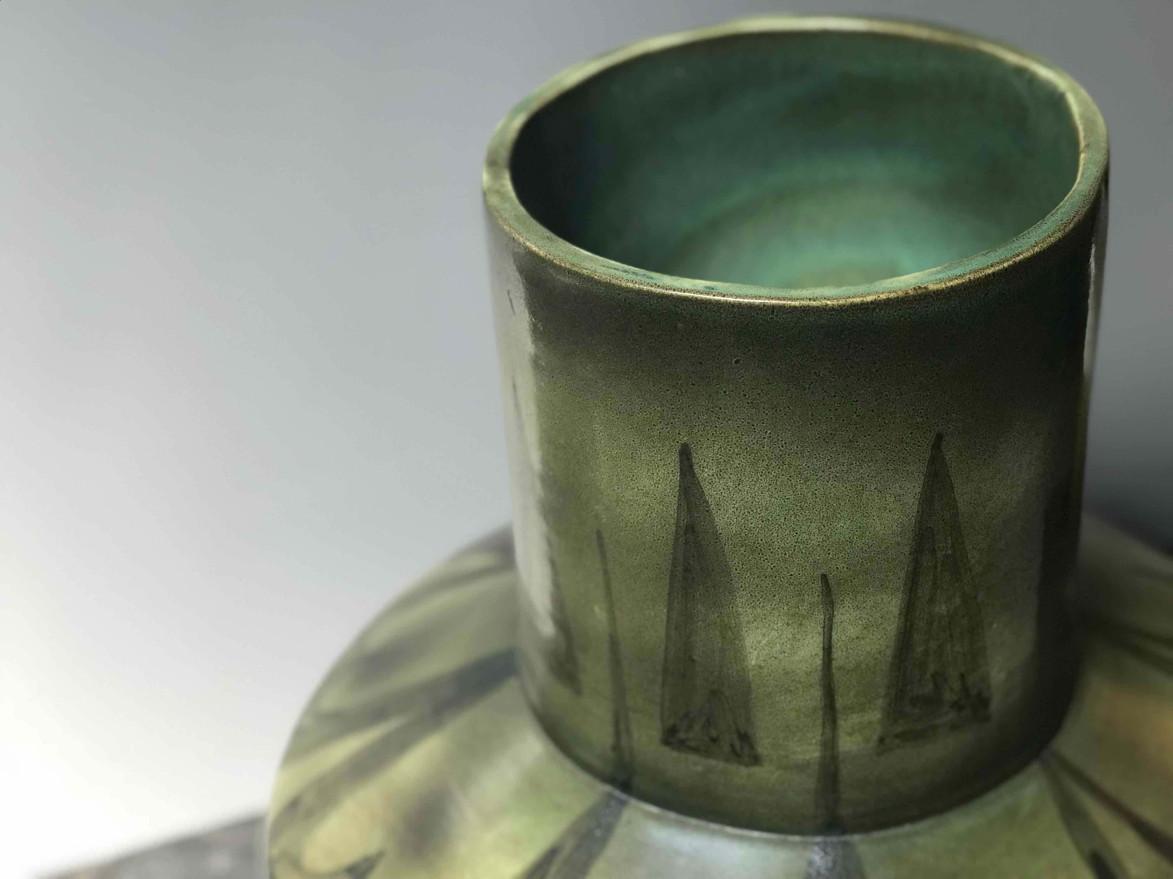 Tall Green Vase with Abstract Design from France Circa 1940 In Good Condition In Los Angeles, CA