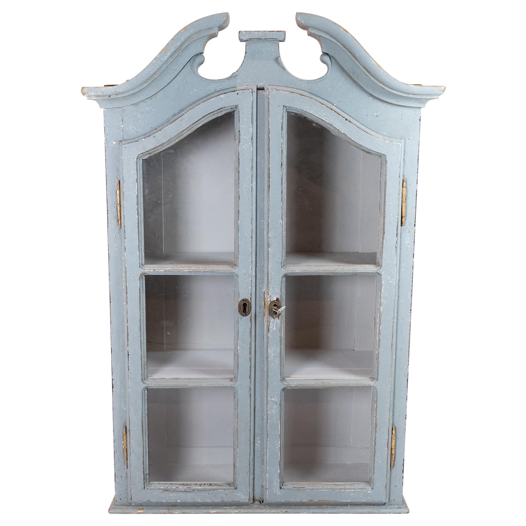 Tall Grey Painted Hanging Glass Cabinet in Gustavian Style from circa 1820