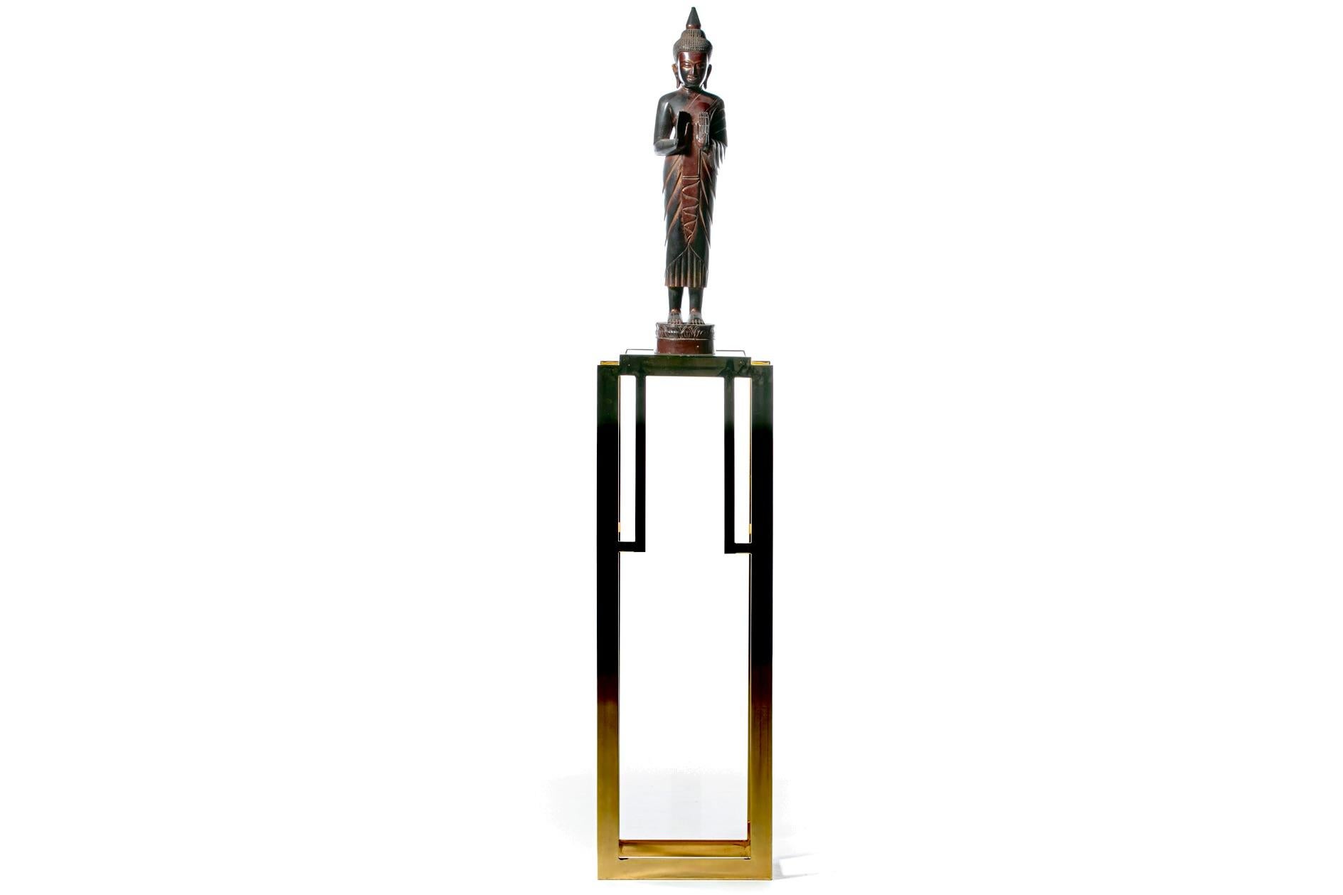 A bam of glam! Brass pedestal (possibly by Guy Lefevre) is tall, so please be sure to review the measurements for scale. Perfect for rooms with high ceilings or elegant entries where we imagine a tall bouquet of flowers or a sultry sculpture atop.