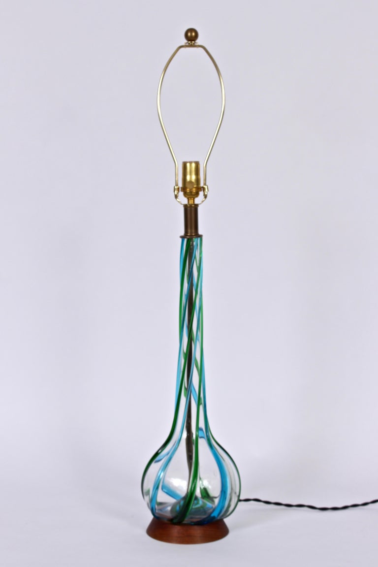 Tall Hand Blown Clear Murano Art Glass Lamp with Aqua and Green Ribbon