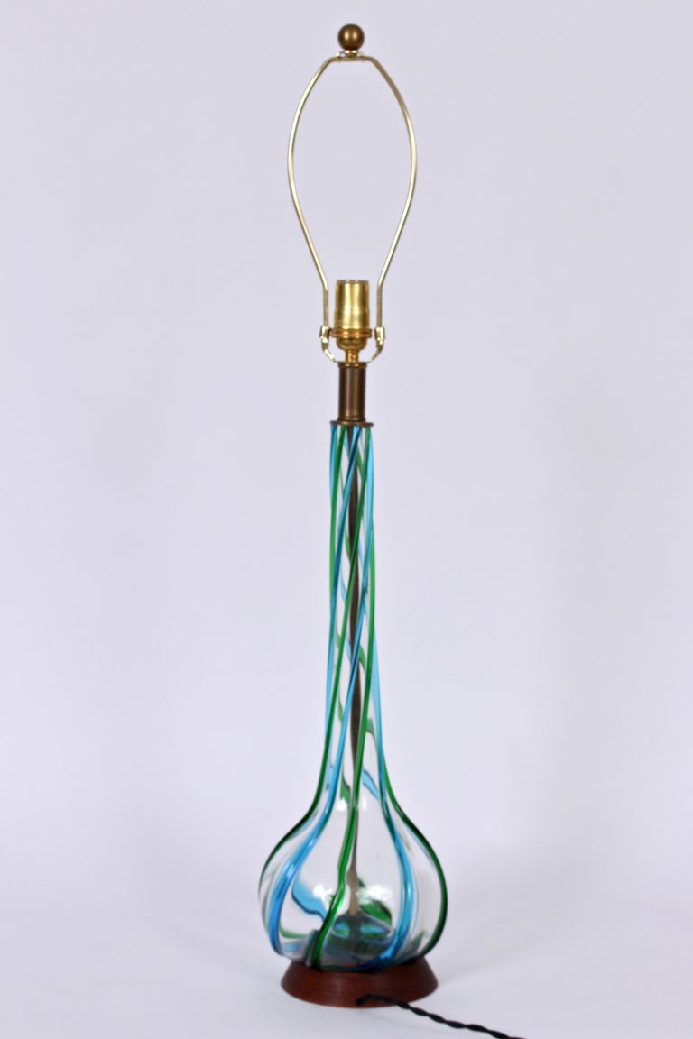 Tall Hand Blown Clear Murano Art Glass Lamp with Aqua and Green Ribbon