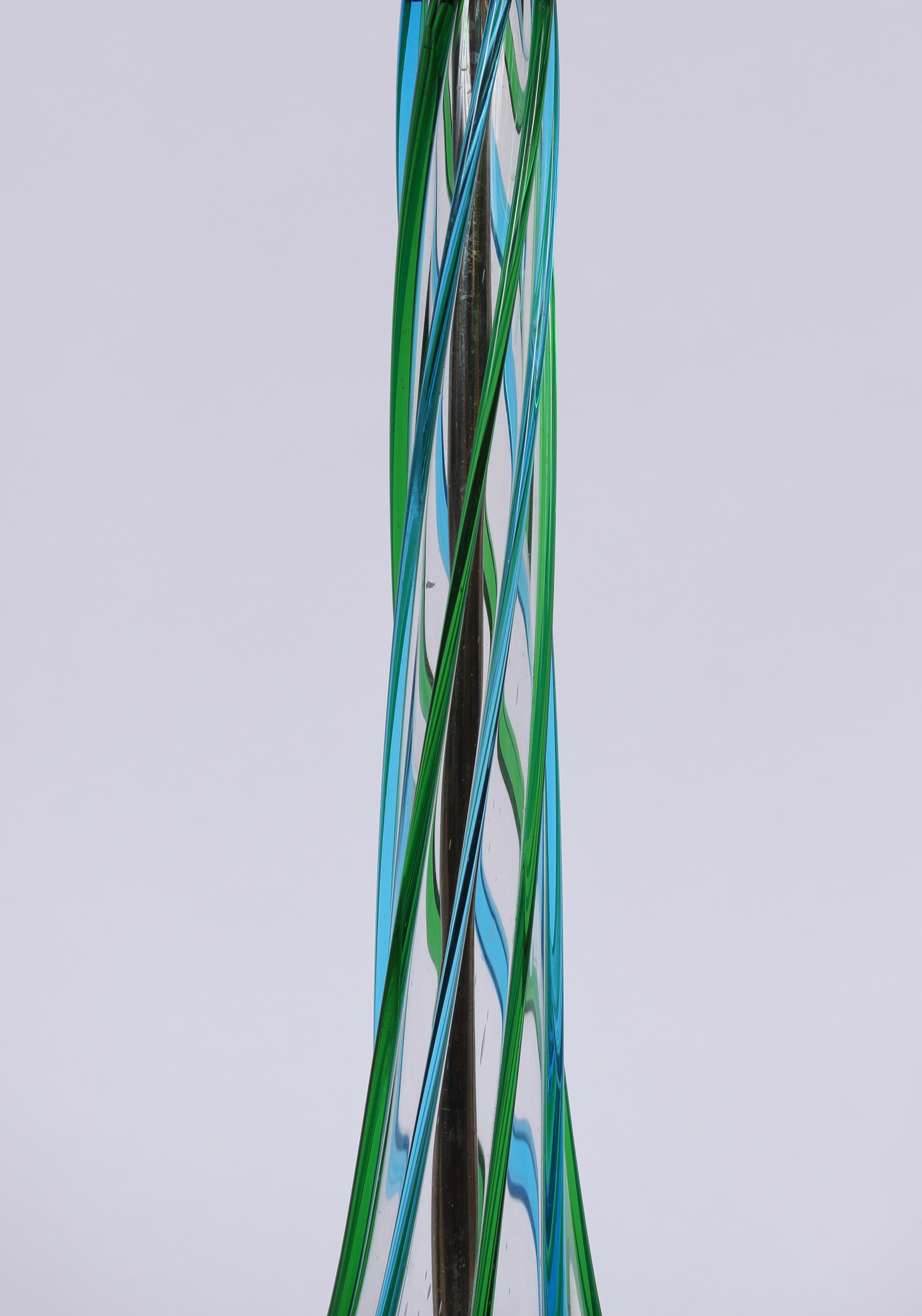Mid-Century Modern Tall Hand Blown Clear Murano Art Glass Lamp with Aqua and Green Ribbon Swirls