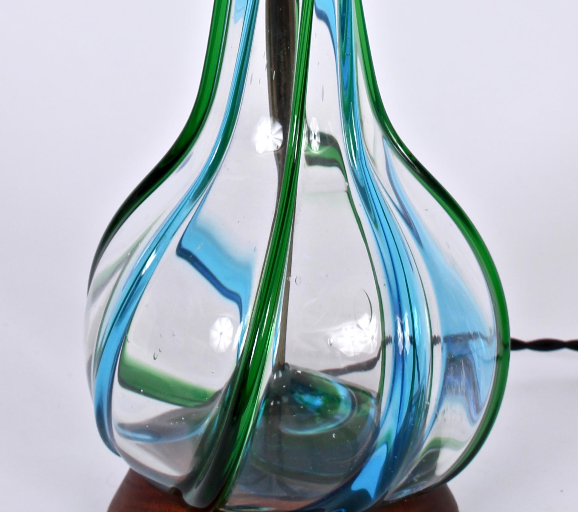 Italian Tall Hand Blown Clear Murano Art Glass Lamp with Aqua and Green Ribbon Swirls