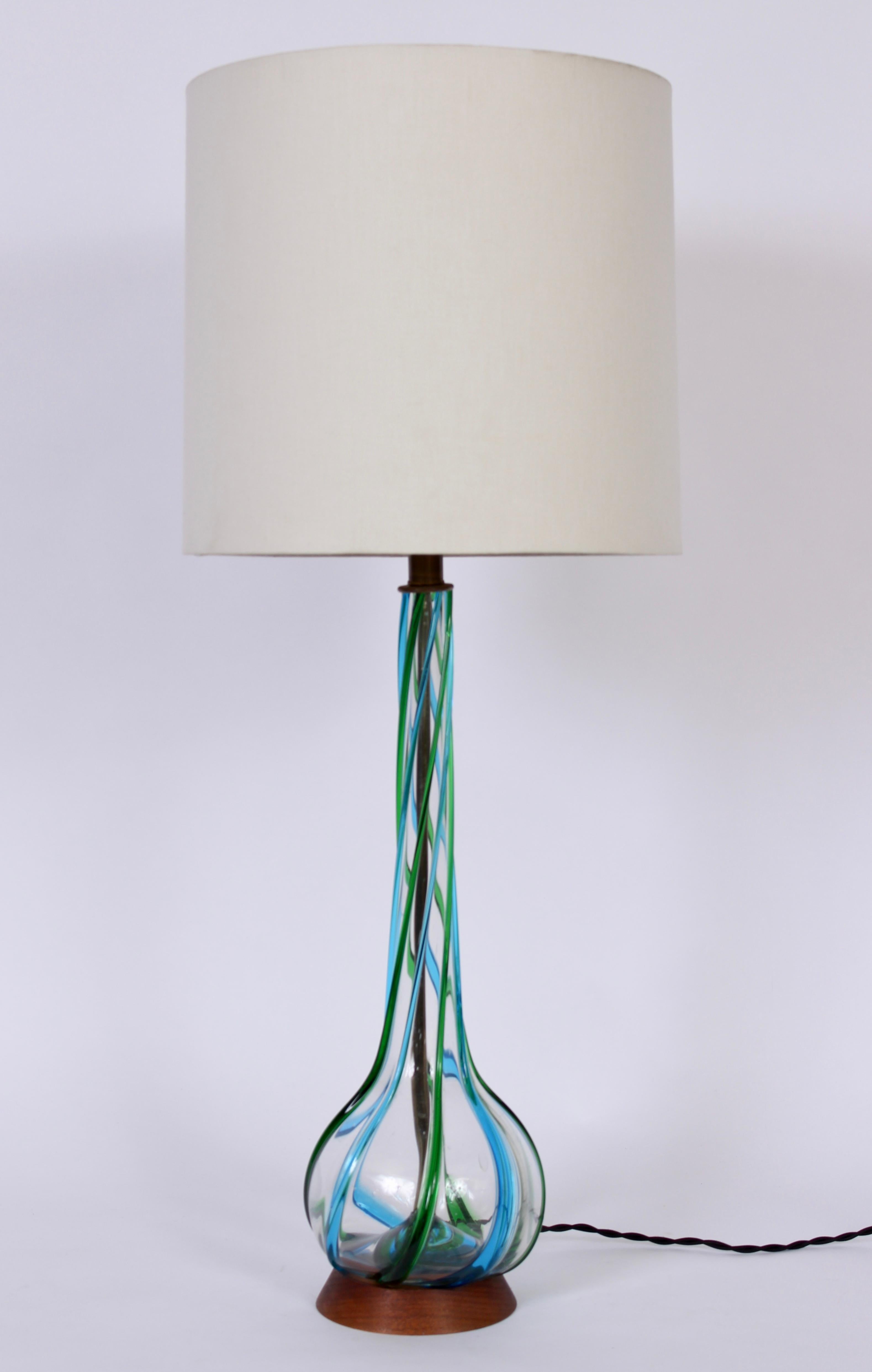 Plated Tall Hand Blown Clear Murano Art Glass Lamp with Aqua and Green Ribbon Swirls