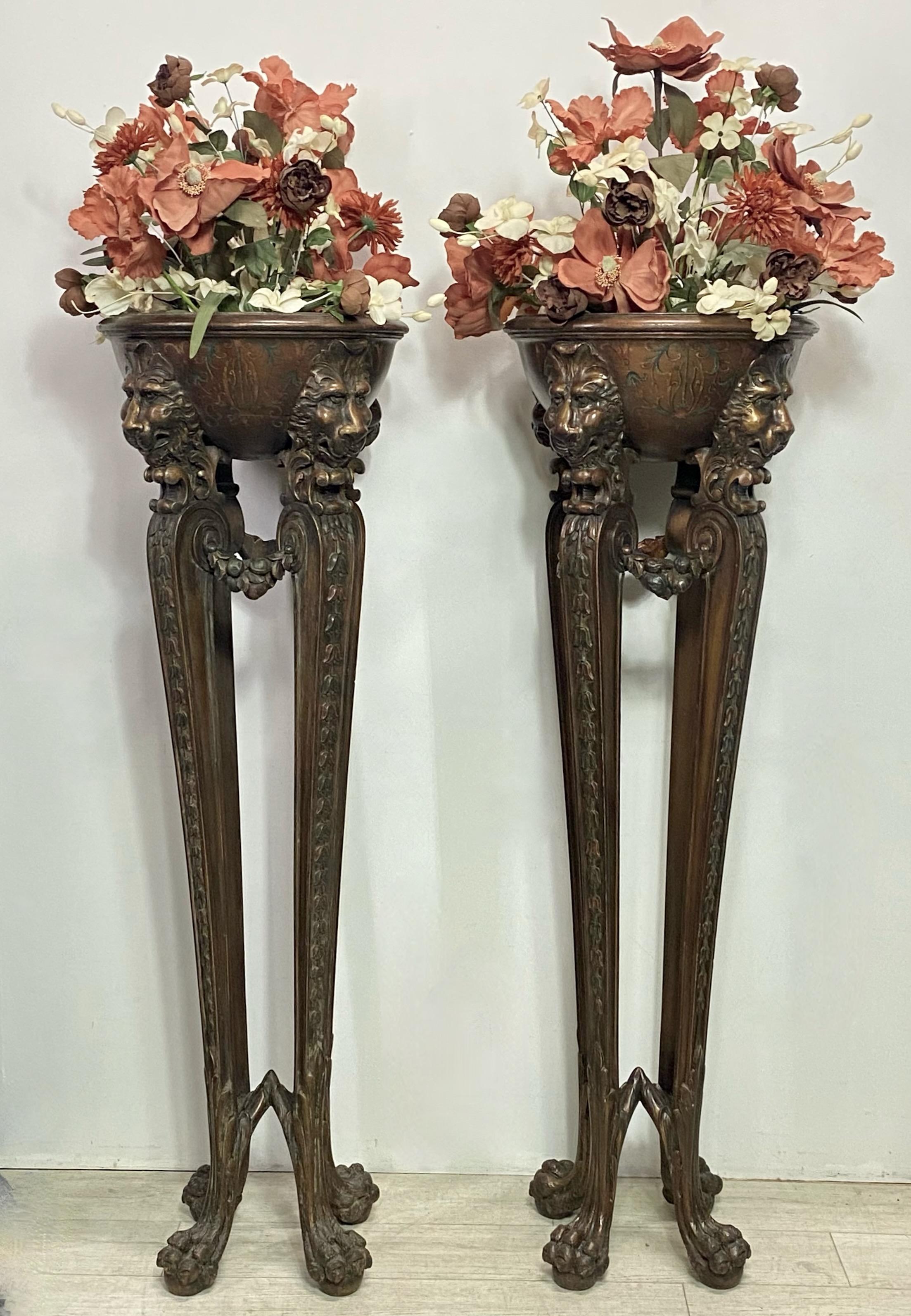 Tall Hand Carved and Painted Walnut Fern Plant Stands, Early 20th Century In Good Condition For Sale In San Francisco, CA