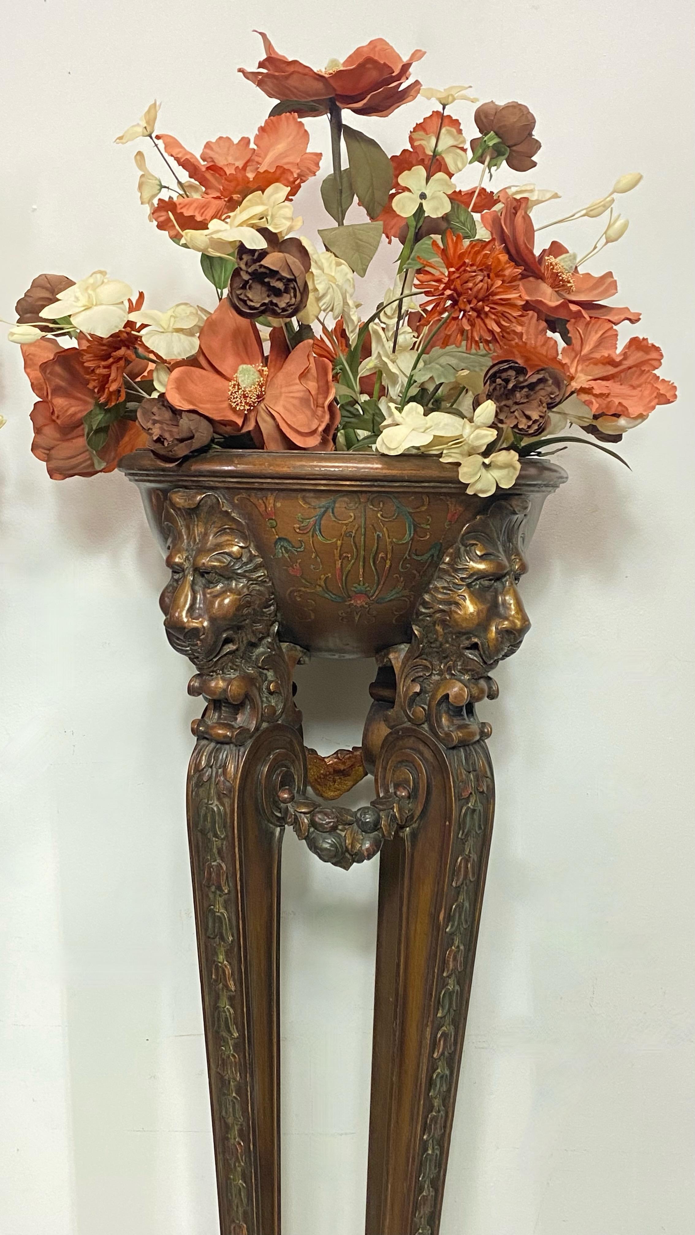 Copper Tall Hand Carved and Painted Walnut Fern Plant Stands, Early 20th Century For Sale