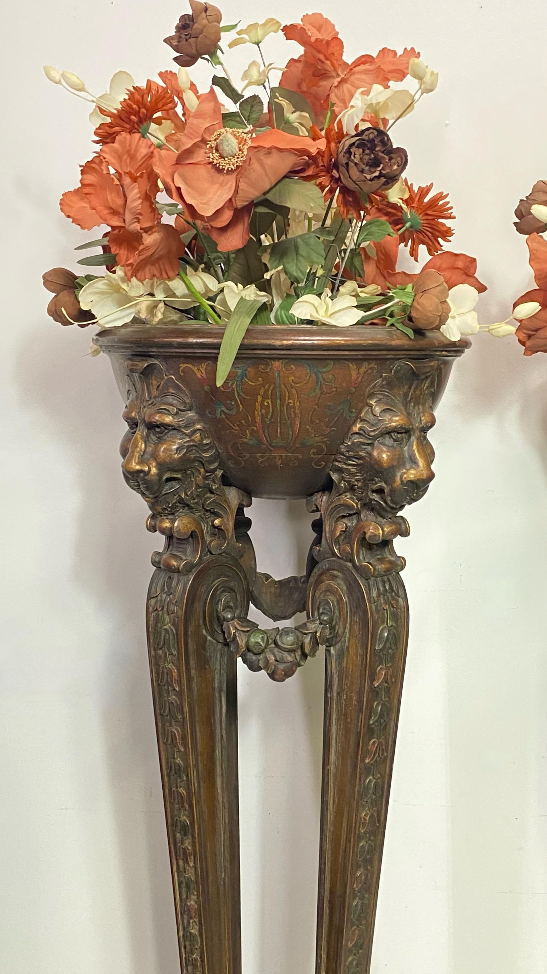 Tall Hand Carved and Painted Walnut Fern Plant Stands, Early 20th Century For Sale 1