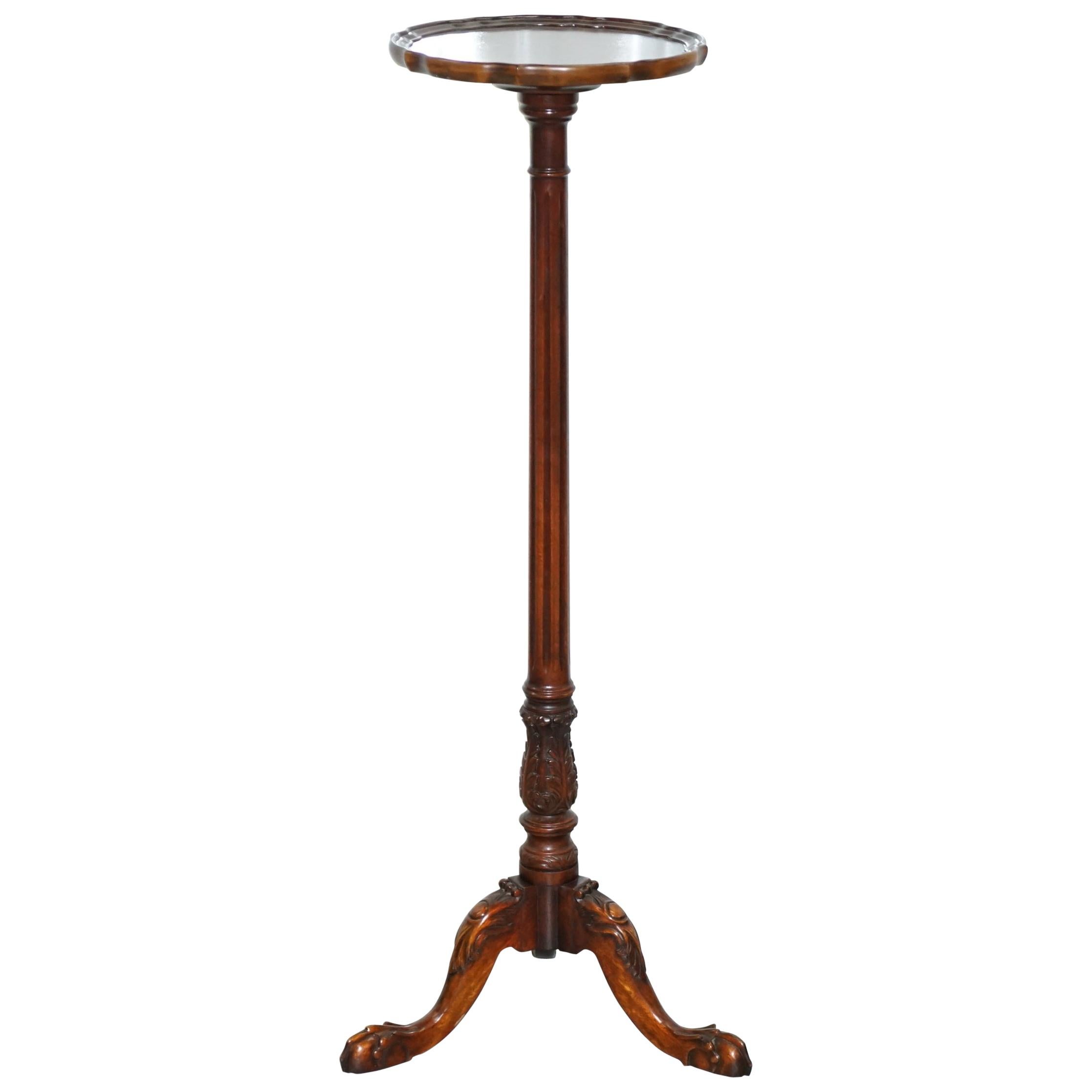 Tall Hand Carved Hardwood Jardiniere Stand, Claw & Ball Feet Scalloped Edge Top For Sale