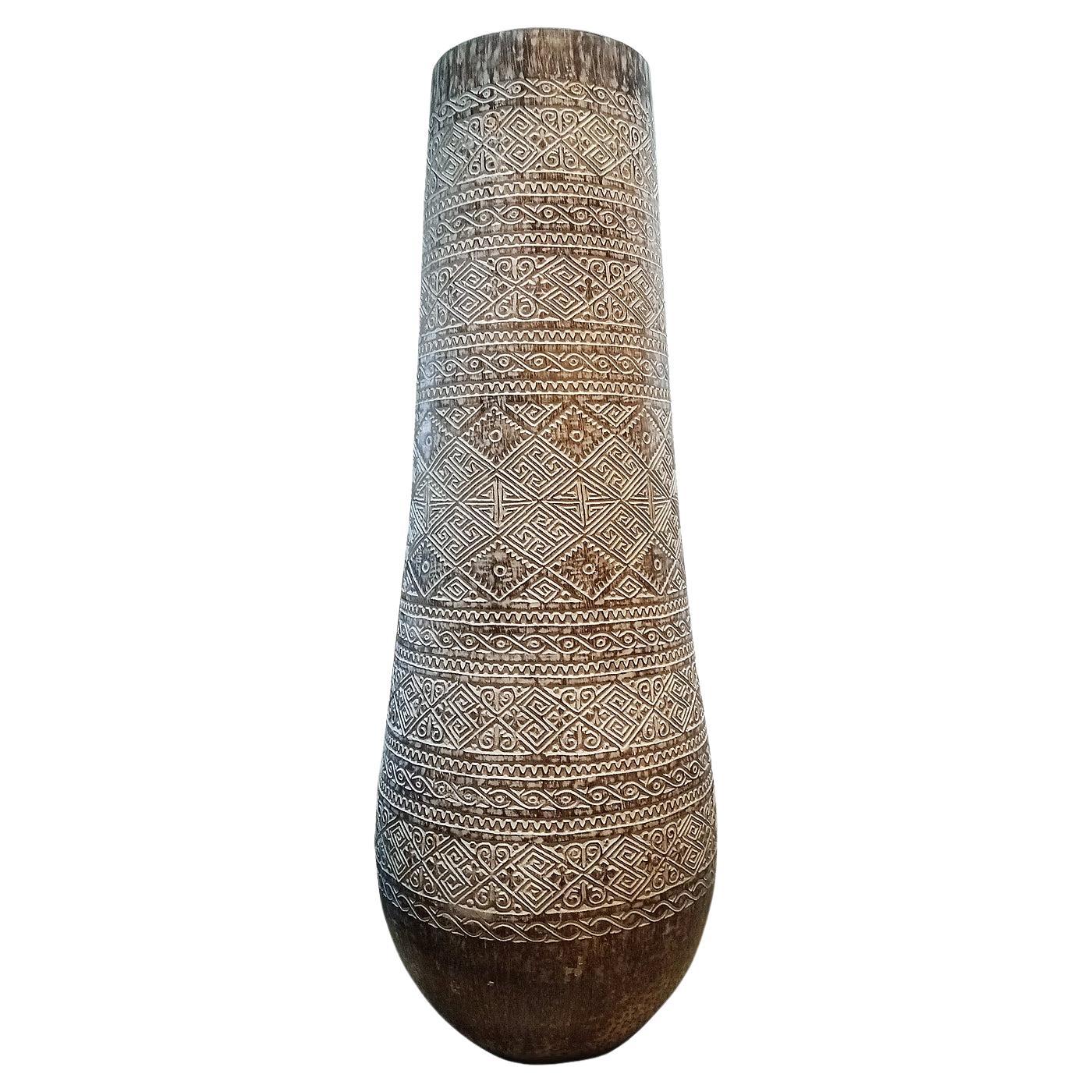 Tall Hand-Carved Palm Pot For Sale