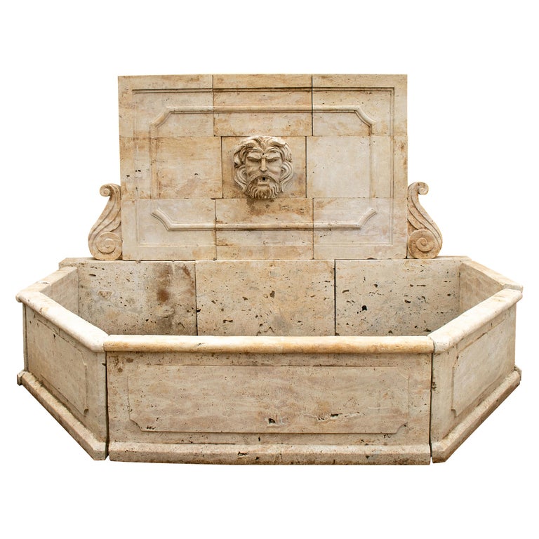 Tall Hand Carved Travertine Marble Wall Fountain For Sale at 1stDibs